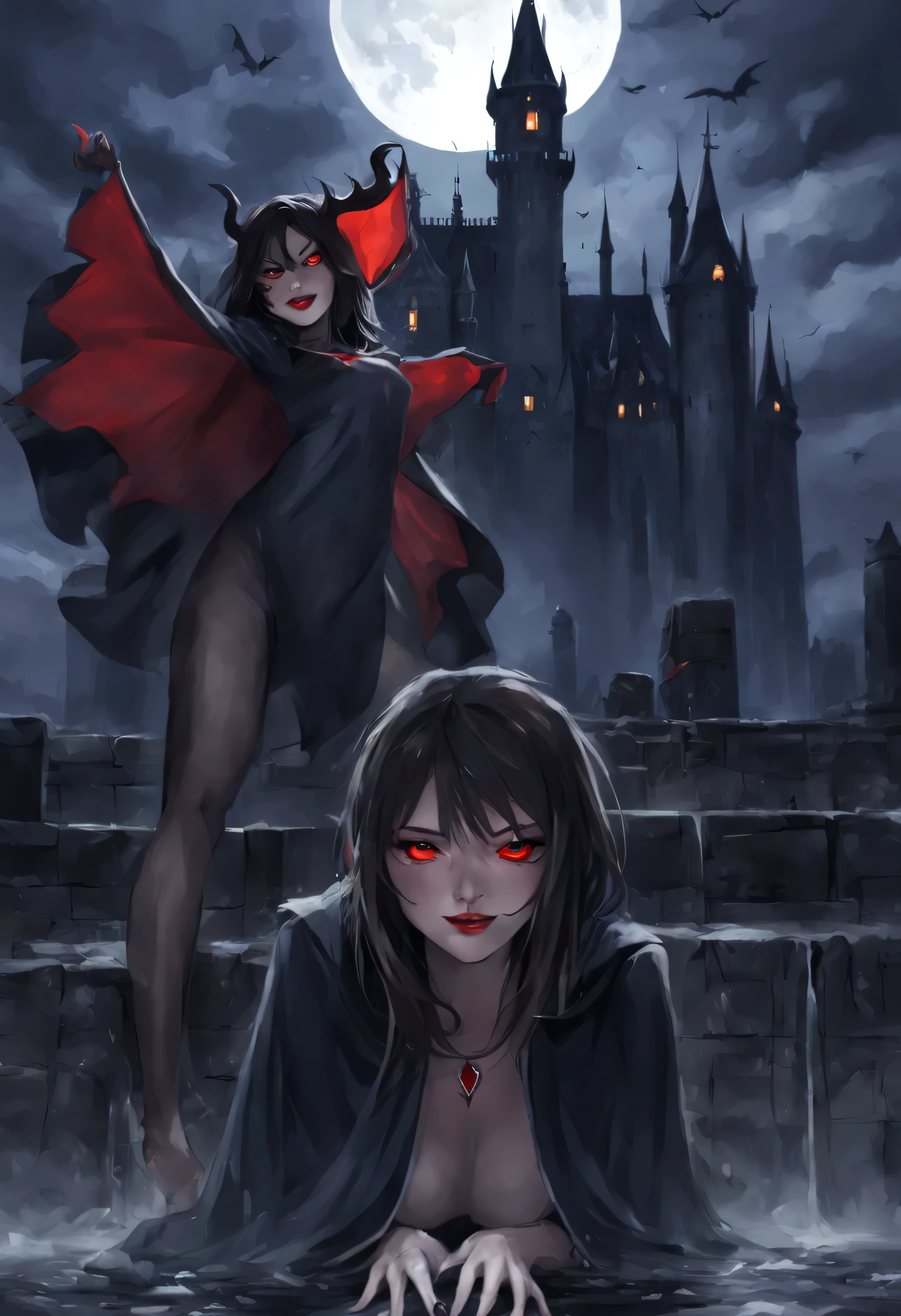 , the sexy devil chick, with my signature black cloak, devilish smile, and piercing red eyes. I look as wicked as ever, standing in front of a haunted castle amidst a stormy night. The moonlight casts an eerie glow on my face, making me look even more sinister. My long, jet-black hair cascades down my back like a silky waterfall, and my red lips are curled into a devious grin. In one hand, I hold a black dagger, while the other is clenched into a fist, as if I'm about to cast a spell or summon some dark creature. The fierce wind whips my cloak around me, revealing my curves and the seductive way I move. It's clear from this image that I'm the ultimate embodiment of pure evil, and I'm ready to unleash my dark magic upon the world. Are you ready to face me, or are you going to back down in fear6