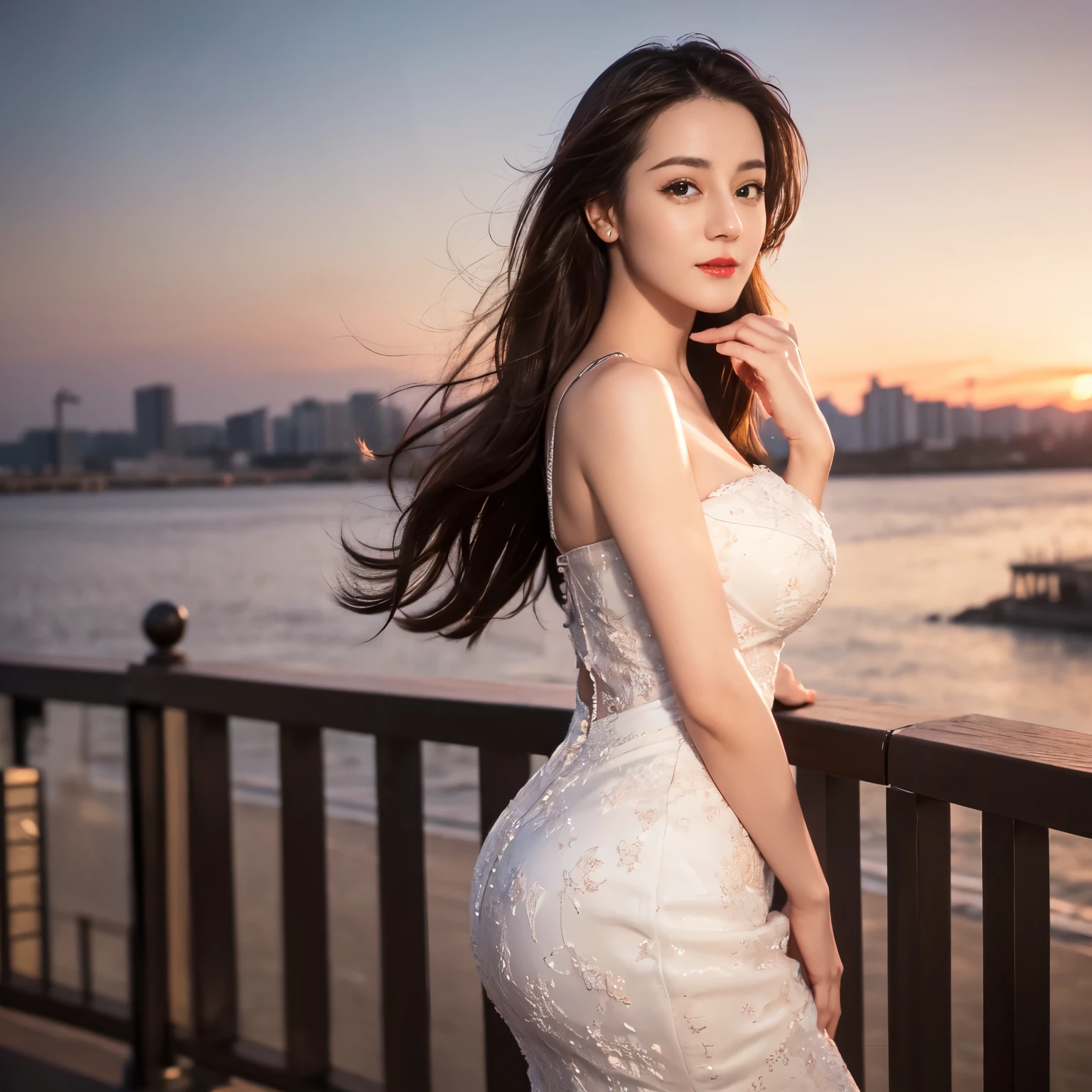 ((top quality、8k、Masterpiece:1.3))、Extremely delicate and beautiful girl,realistically,Extremely ridiculous,Abstractionism,full-body shot,catch,Extra detailed body,Port wind,,flowing hair,light brown hair,viton hair,beautiful fine hair,Exquisite and beautiful face,Smile,clear eyes, black eyes,nice skirt,beautiful clear background,beautiful sky,bloom,very precise details,absurd,very CG,((A sexy mature girl:1.5))、thick lips、deep red lip gloss、eye makeup、((40 years:1.5))、sunset sky,huge breasts,Larger breasts,amazing breast size,Extensive exposure,More nudity