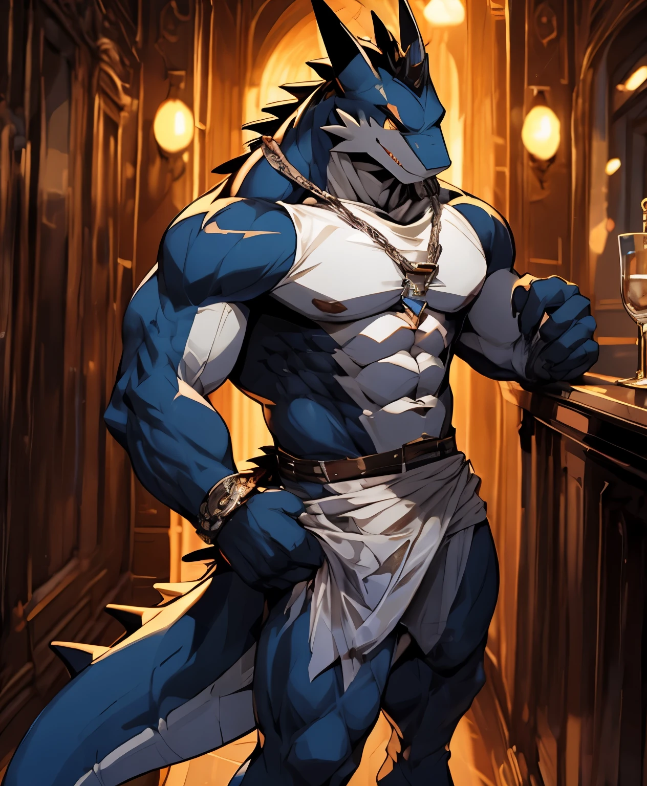 alone ,雄性鲨fish,fish,Dark blue skin,Deep blue phosphorus,stripe,golden eyes,dark sclera,There are scars on the body.,muscular,Emoji teasing,giggle,鲨fish,Strong body,toned body,High,The head cannot be too big or too small,瘦High身材,Inside the bar,stripper,standing posture,wilderness,There are no clothes on the upper body,Wearing only pure white crotch cloth on the lower body,fanatical atmosphere,look up