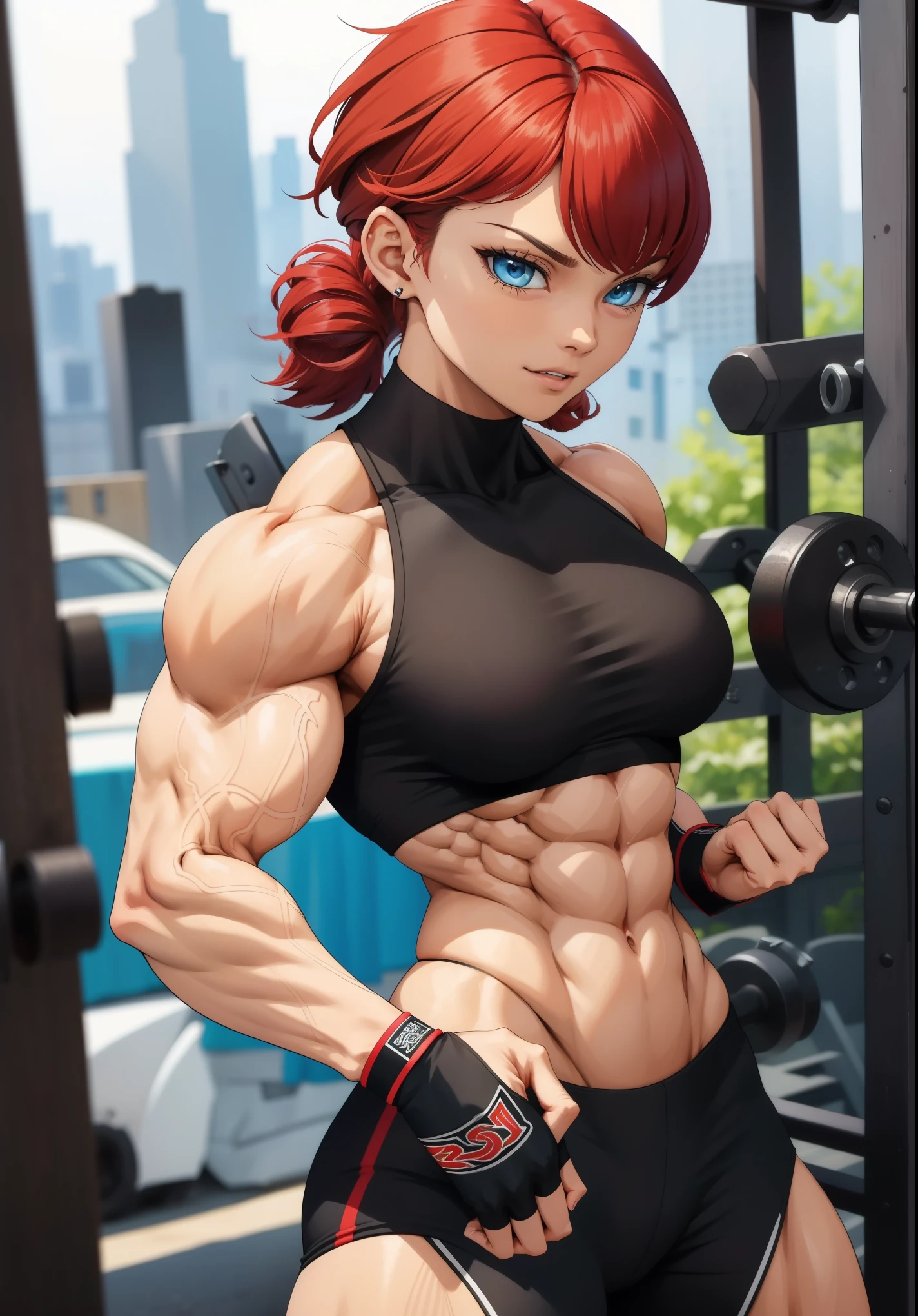 (masterpiece, best quality:1.2), Alix Kubdel ,happy (smile),solo tomboy. Tough, stubborn, reckless, and self-confident, red hair ,wear (black,top, shirt and short's),muscular,female,bodybuilder,strong,toned physique,ripped muscles,lean body,fitness enthusiast,empowered,confident,posing on the stage,determined expression,fierce competition,bulging biceps,sweat dripping,veins popping,athletic physique,intense workout sessions,strong legs,bulky shoulders,disciplined lifestyle,dedicated training regimen,fitness inspiration,endurance,unstoppable force,barbell,weights,exercise equipment,stamina,perseverance,sculpted arms,powerful presence,fitness model,athleticism,competition preparation,high-intensity training,competition stage,striking physique,mental fortitude,motivation,hard work,persistence,inspiring,admired by others.