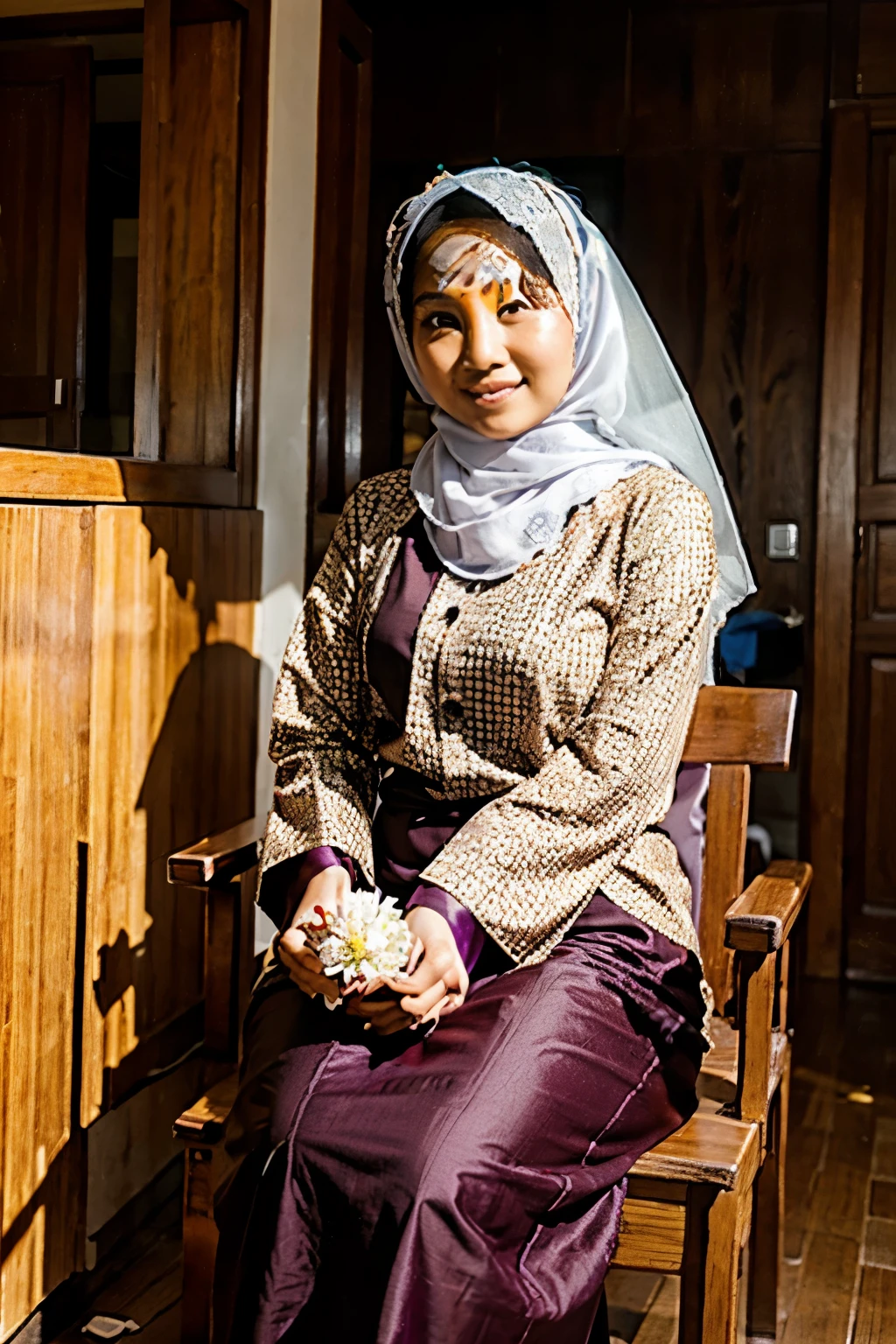 REAL PHOTO, PHOTO OF AN INDONESIAN BRIDE, A 39 YEAR OLD MAN AND A 25 YEAR OLD MUSLIM WOMAN, WEARING A HIJAB. WEARING TRADITIONAL SUMATERA CLOTHES, SMILING. FULL BODY PHOTO, SITTING ON A CHAIR, WOODEN SHELF BACKGROUND, WALL CLOCK FLOWERS