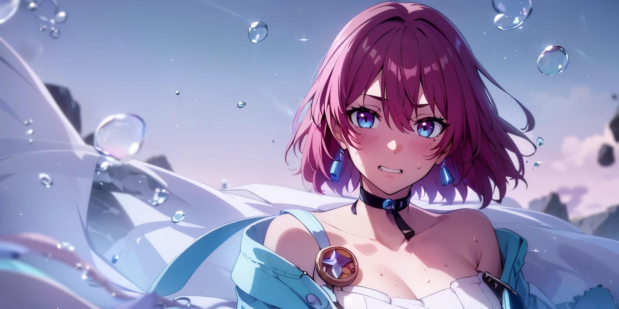 Marhd, hair between eyes, pink hair, short hair, multicolored eyes, hollow eyes, blue eyes, shaded face, detailed face, sweating, looking at viewer, beauty mark, embarrassed, blush face, clenched teeth, detailed face, sweating, looking at viewer, modern decor,cozy atmosphere,relaxing vibes,urban backdrop,dreamy ambiance, huge breast, hair ornament, magical aura, enchanting beauty, mystical setting, enchanting artwork, intricate details.sweating, breasts, 1girl, choker, black_choker, bubble, breasts, solo, air_bubble, underwater, cleavage, looking_at_viewer, jacket, collarbone, upper_body