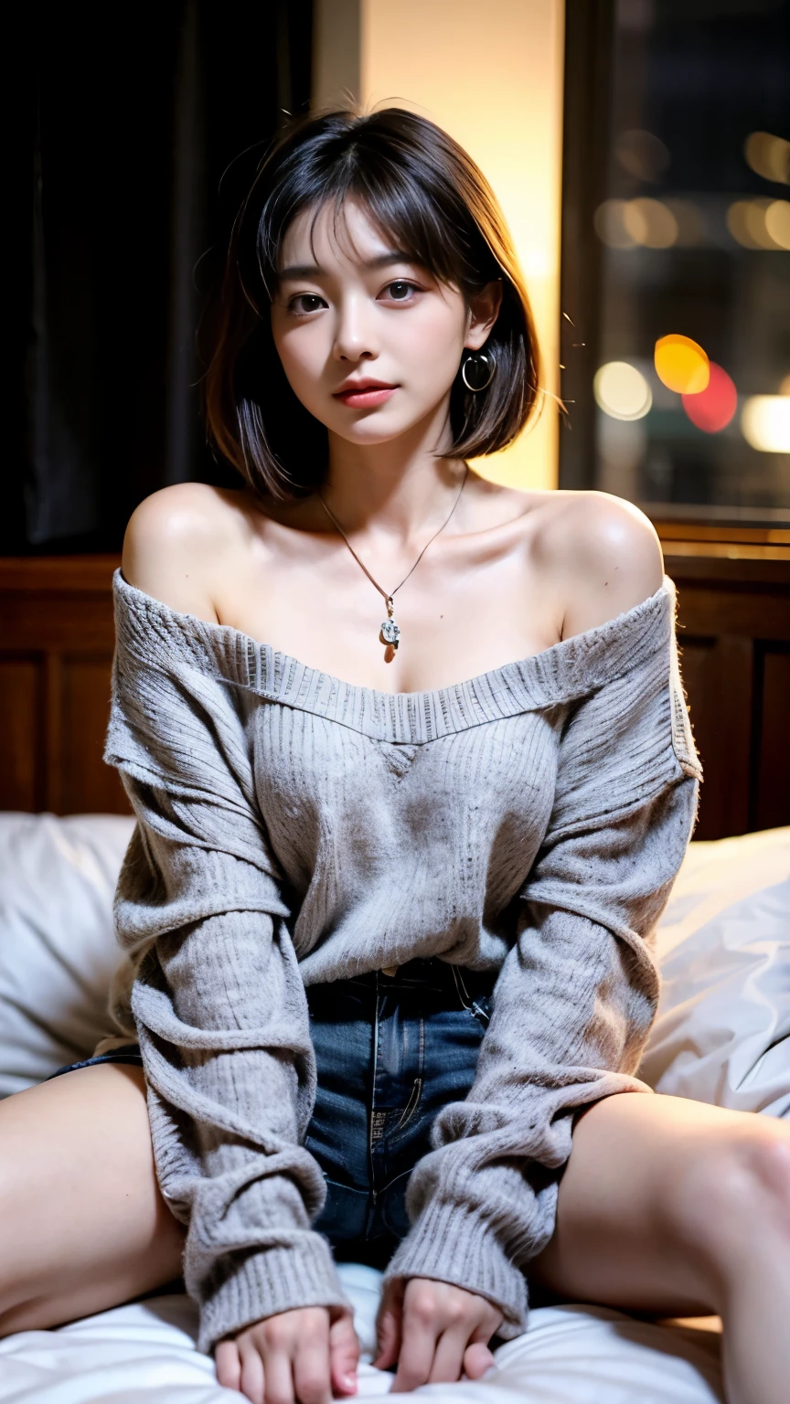 (Short-haired women),(off shoulder sweater,Oversized sweater),(hidden shorts),(sit cross-legged,Put your hands on your thighs),on top of bed,Moderate,deep,best quality,masterpiece,Enlightenment,very delicate and beautiful,Very fine skin,CG,Unite,8k wallpaper,amazing,detailed,高度detailedCG Unite 8k wallpaper,Huge file size,high resolution,Handsome and delicate woman,非常detailed眼睛和脸部, Stunningly detailed eyes,There is light on the face,(最佳Enlightenment:1.1),(the darkest:1.1),超high resolution,(lifelike:1.1),(lifelike1.2:1.1),lifelike面部比例,Slim,Smile,(蓬松的black eyes:1.21),black eyes,looking at the audience,deep棕色头发,ear nipple ring,necklace,hairpin,full-body shot,(Irregular skin blemishes,vein,birthmark,Skin Wrinkles,pores:1.2),(Pitch black night background: 1.2), (Bokeh: 1.4),
