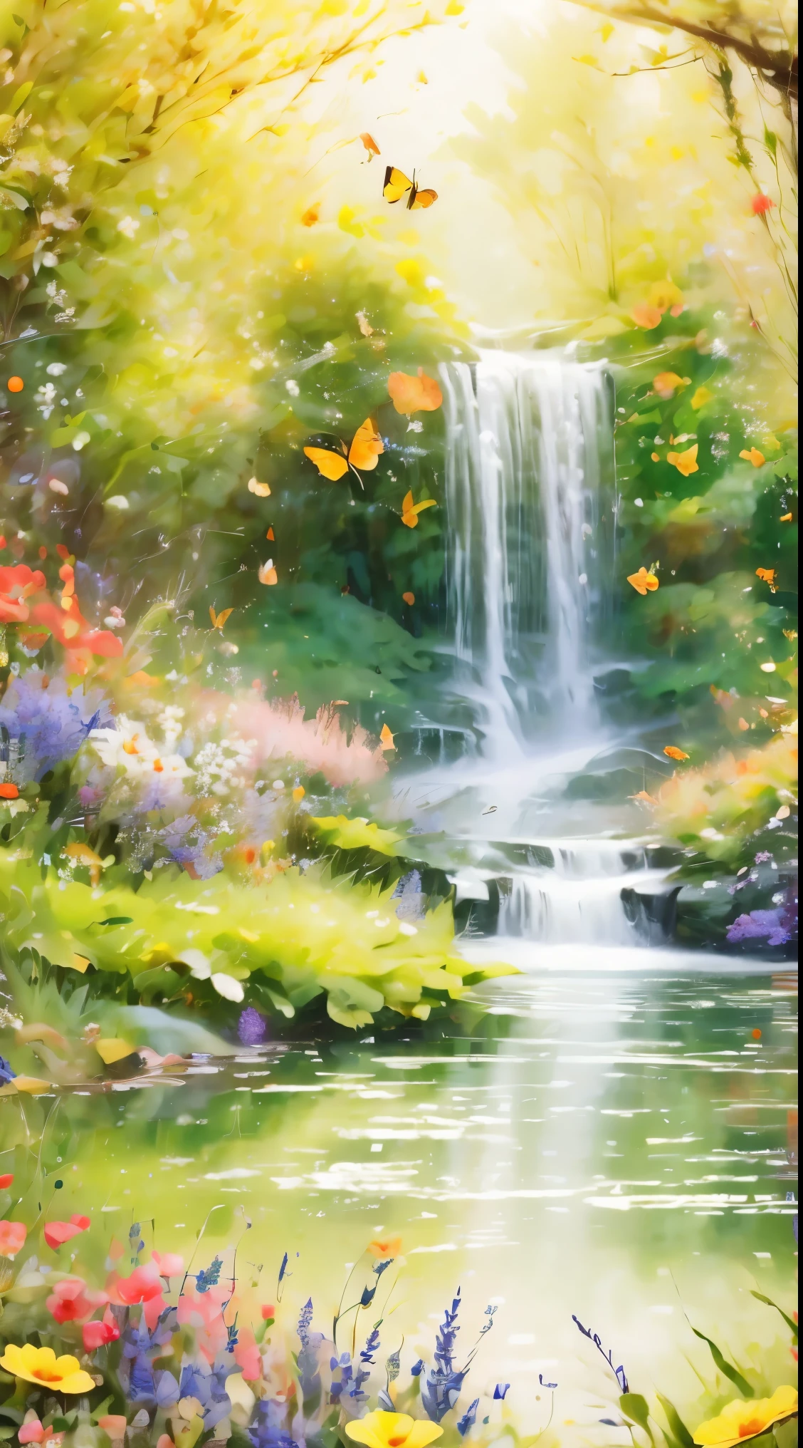 spring in the forest,full of beautiful flowers, Autumn season, Soft colors and dreamy atmosphere, Butterflies flying, a bird drinking water.