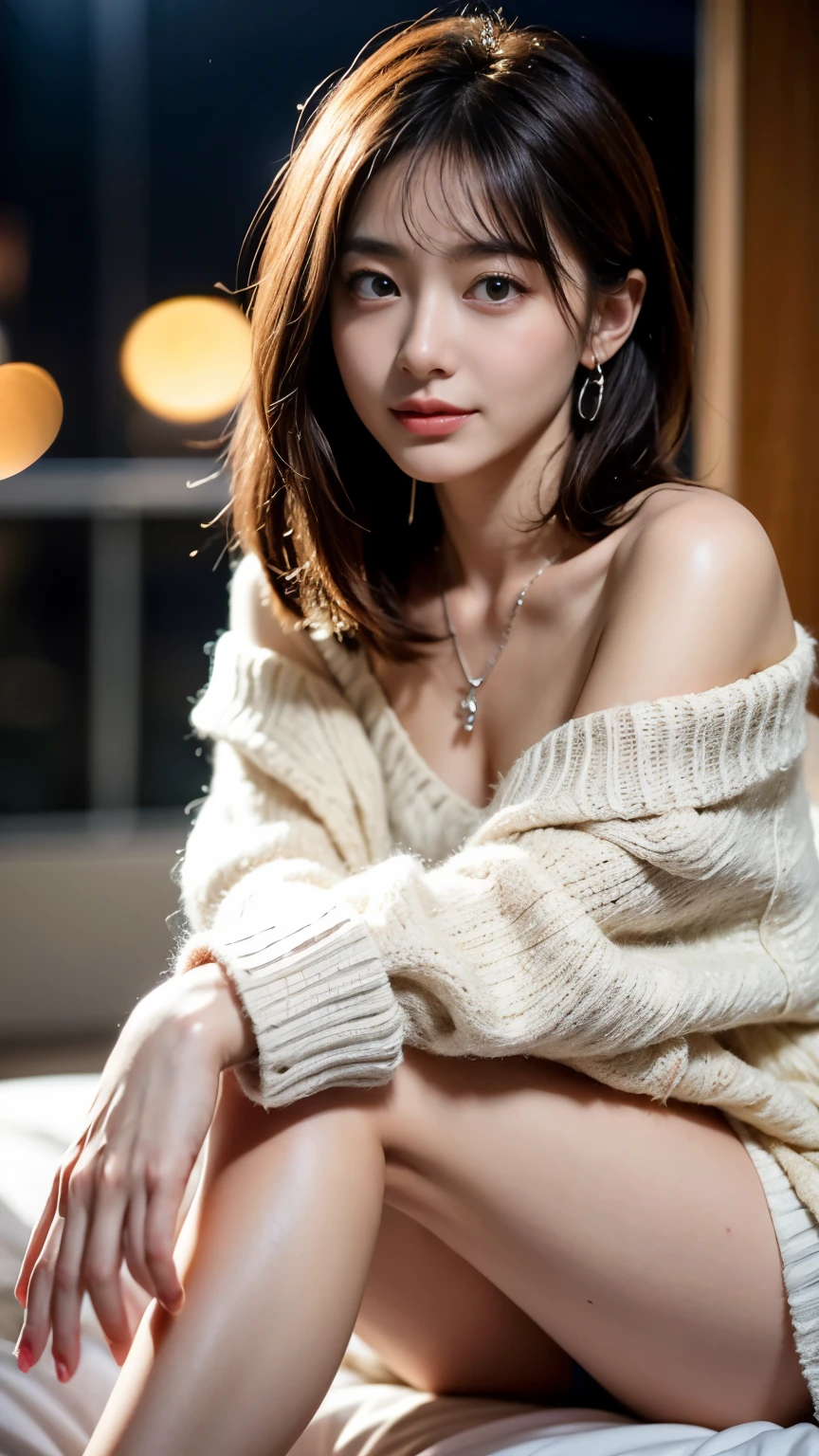 （Short-haired women），（off shoulder sweater，Oversized sweater），（hidden shorts），（sit cross-legged，Put your hands on your thighs），on top of bed，Moderate，deep，best quality，masterpiece，Enlightenment，very delicate and beautiful，Very fine skin，CG，Unite，8k wallpaper，amazing，detailed，高度detailedCG Unite 8k wallpaper，Huge file size，high resolution，Handsome and delicate woman，非常detailed眼睛和脸部， Stunningly detailed eyes，There is light on the face，（最佳Enlightenment：1.1），（the darkest：1.1），超high resolution，（lifelike：1.1），（lifelike1.2：1.1），lifelike面部比例，Slim，Smile，（蓬松的black eyes：1.21），black eyes，looking at the audience，deep棕色头发，ear nipple ring，necklace，hairpin，full-body shot，（Irregular skin blemishes，vein，birthmark，Skin Wrinkles，pores：1.2），（Pitch black night background： 1.2）， （Bokeh： 1.4），