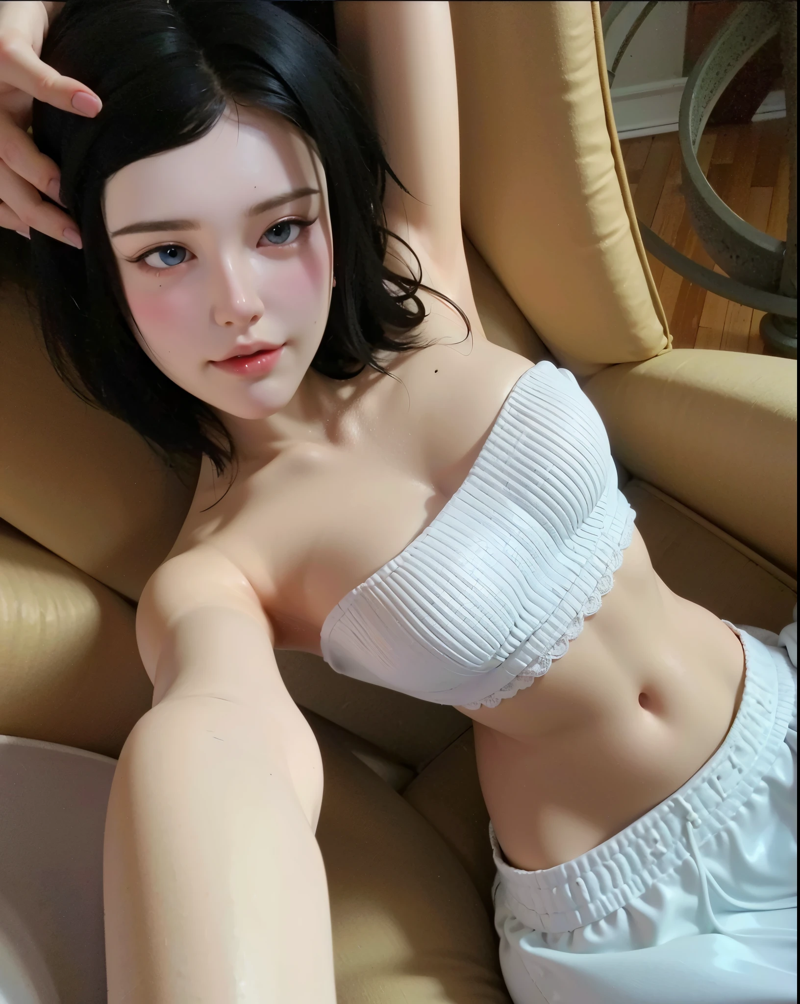 (Calidad de imagen de alto nivel、Alto detalle、alta calidad、high resolution、Dibuja todo en high resolution.)、there is a woman in a white top and white shorts posing, pale snow white skin, pale porcelain white skin, pale milky white porcelain skin, porcelain white skin, porcelain white face, pale white face, (12x) extremely pale white skin, smooth white tight clothes suit, barbie doll in panties and bra, pale - white skin, pale ivory skin