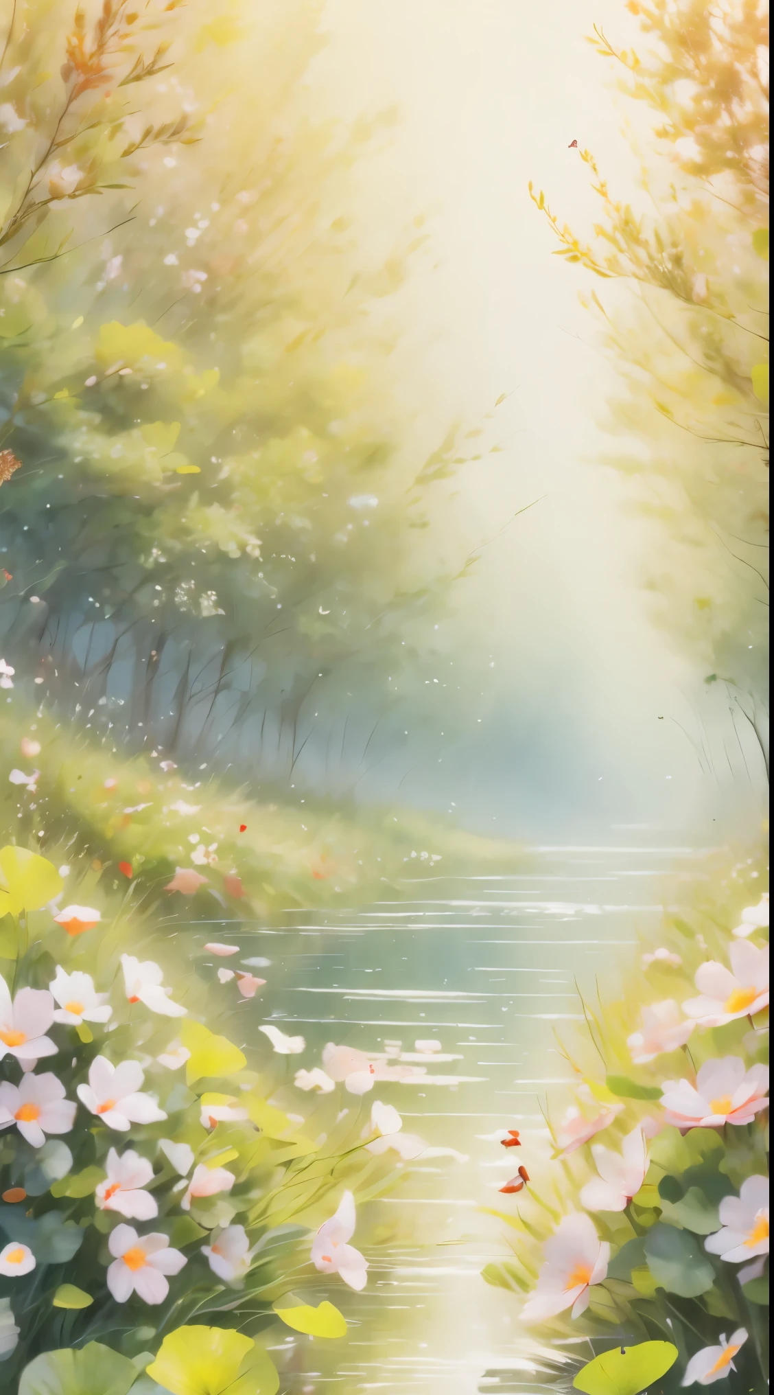 spring in the forest,full of beautiful flowers, Autumn season, Soft colors and dreamy atmosphere, Butterflies flying, a bird drinking water.