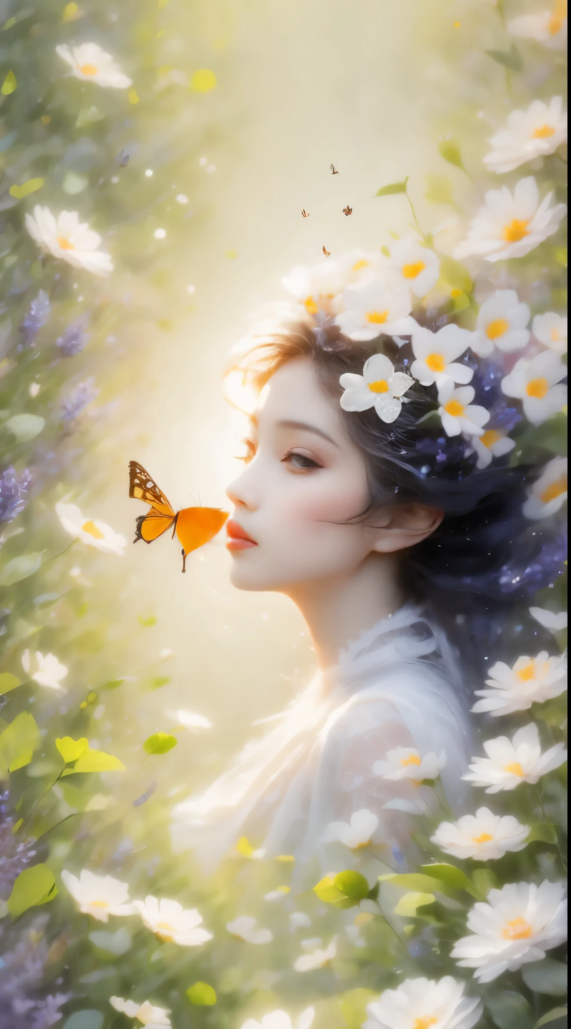 spring in the forest,full of beautiful flowers, Autumn season, Soft colors and dreamy atmosphere, Butterflies flying, a bird drinking water.