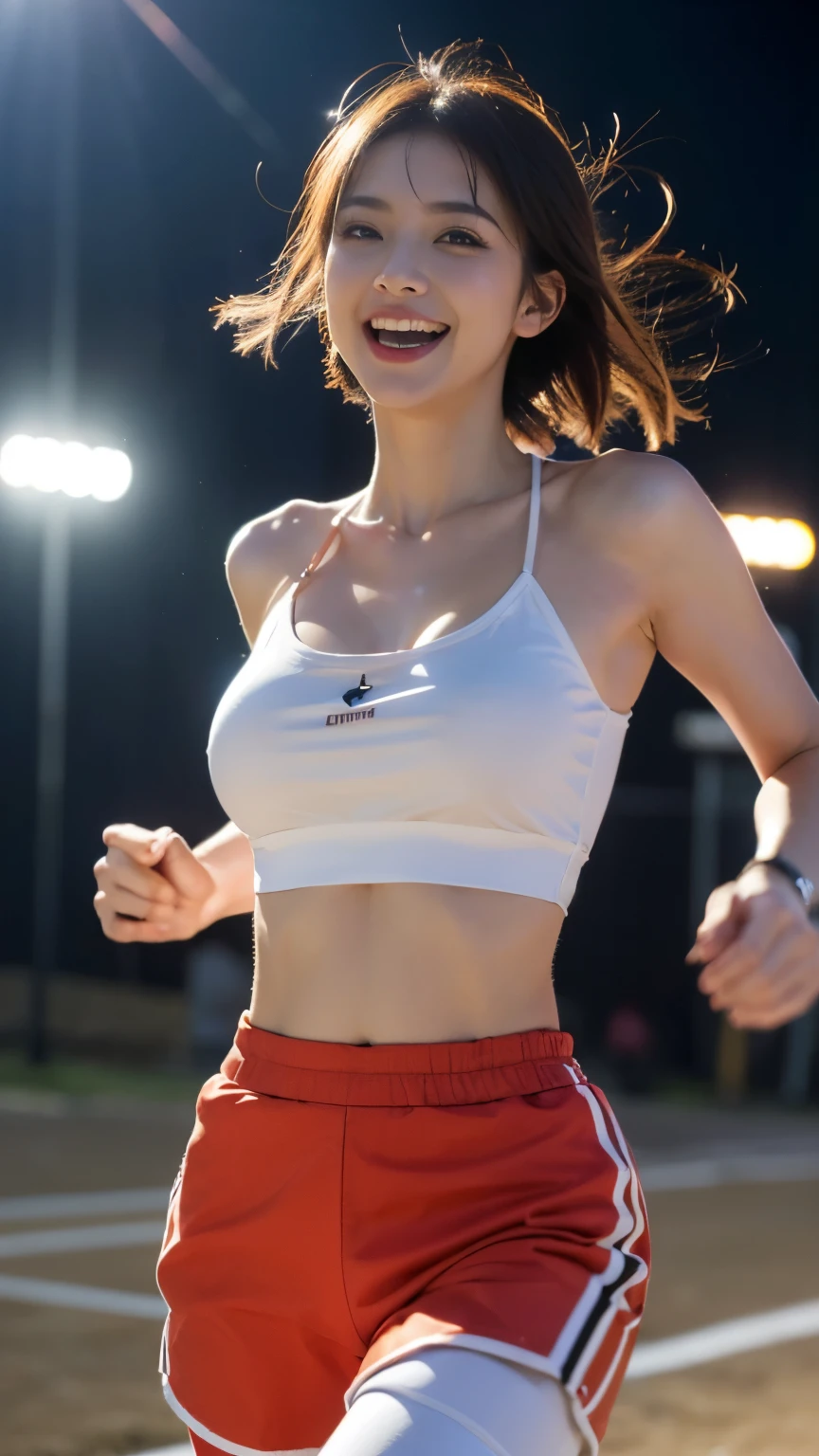 (masutepiece:1.2), (Best Quality:1.2), (high resolution:1.2),
1girl, standing, (cowboy shot:1.3), (Camisoles:1.5), (hot pants:1.2), (Big Breath:1.5), shaking breasts(running:1.5),
(charming smile:1.3), Live Stage, (dark:1.5), (spotlight:1.2),