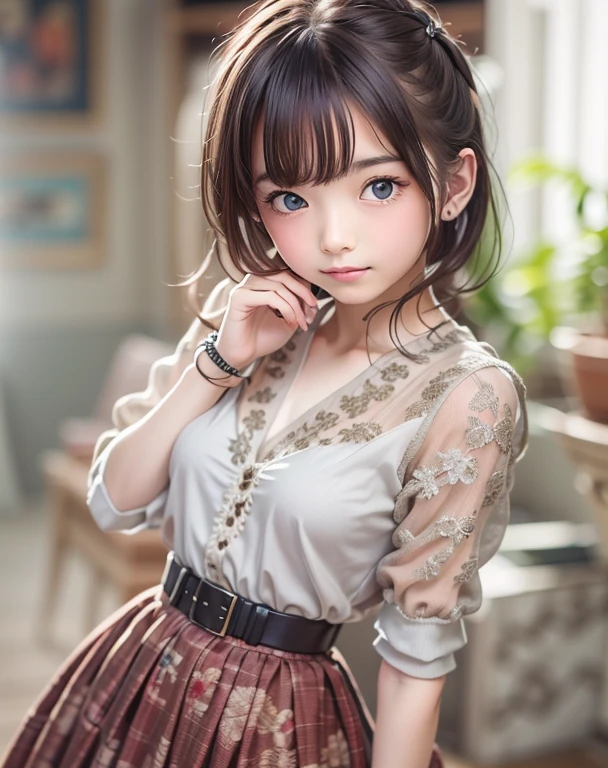 masterpiece , top quality , very detailed , 1 person, ((contrasting eyes)) , standing , blouse, skirt , bangs , room , indoor