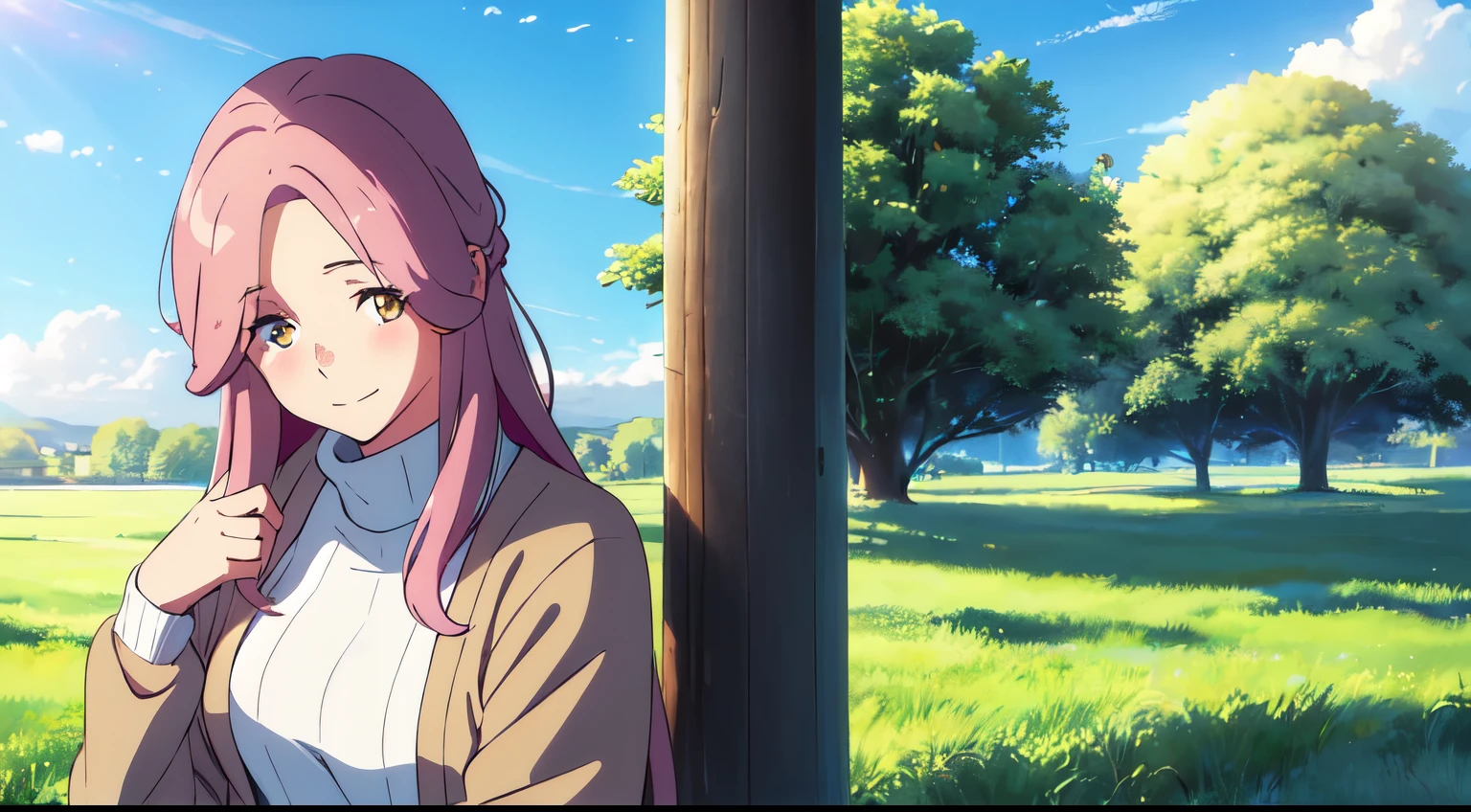 masterpiece, best quality, 1girl, mature woman, solo, long pink hair, parted hair, yellow eyes, (black turtleneck), (cardigan), medium breast, blue sky, clouds, close up, blush, light smile, look at viewer, tree