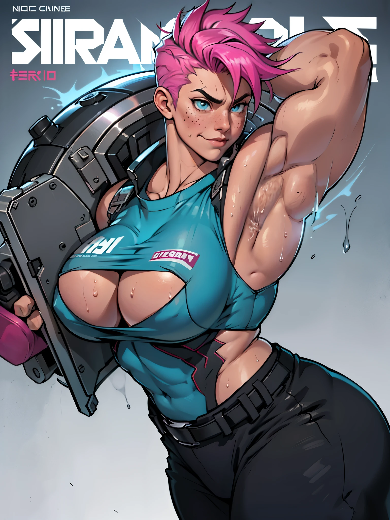 (highest quality, masterpiece, ultra high resolution, detailed background, 8k), cinematic lighting, upper body, looking at viewer, (magazine:1.3), Front view、intricate details, Wearing a blue top and black military trousers, he looks strong for the photo.々Zarya takes a pose that shows her armpits., (1 girl), (((((muscular))))), zarya, anger, Shame, smile, close up of pink hair zarya, ((pink armpit hair:1.2)), huge breasts, huge breasts、huge breasts、muscular ultraviolent woman, huge muscles, huge muscles, huge muscles, exaggerated physique, inflated biceps, muscular!!six pack:1.2, extreme muscles, huge muscles, 誇張されたmuscular体格, muscular girl, exaggerated muscles, exaggerated physique, feminine and muscular, Sweat, Sweat, steamy armpits、steamy armpits、strong and strong々It was, Close-up of heavy gesture style, muscular and terrifying, huge pussy, huge pussy, huge pussy, organization, acme, wet, pussy juice, Science fiction, cyber punk,