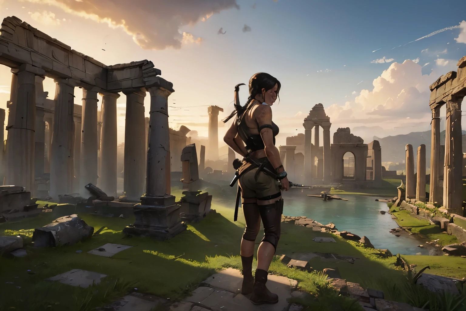 (((landscape of ancient civilization ruins))), there was a beautiful young explorer girl standing in the distance, ((wearing a tomb raider outfit))