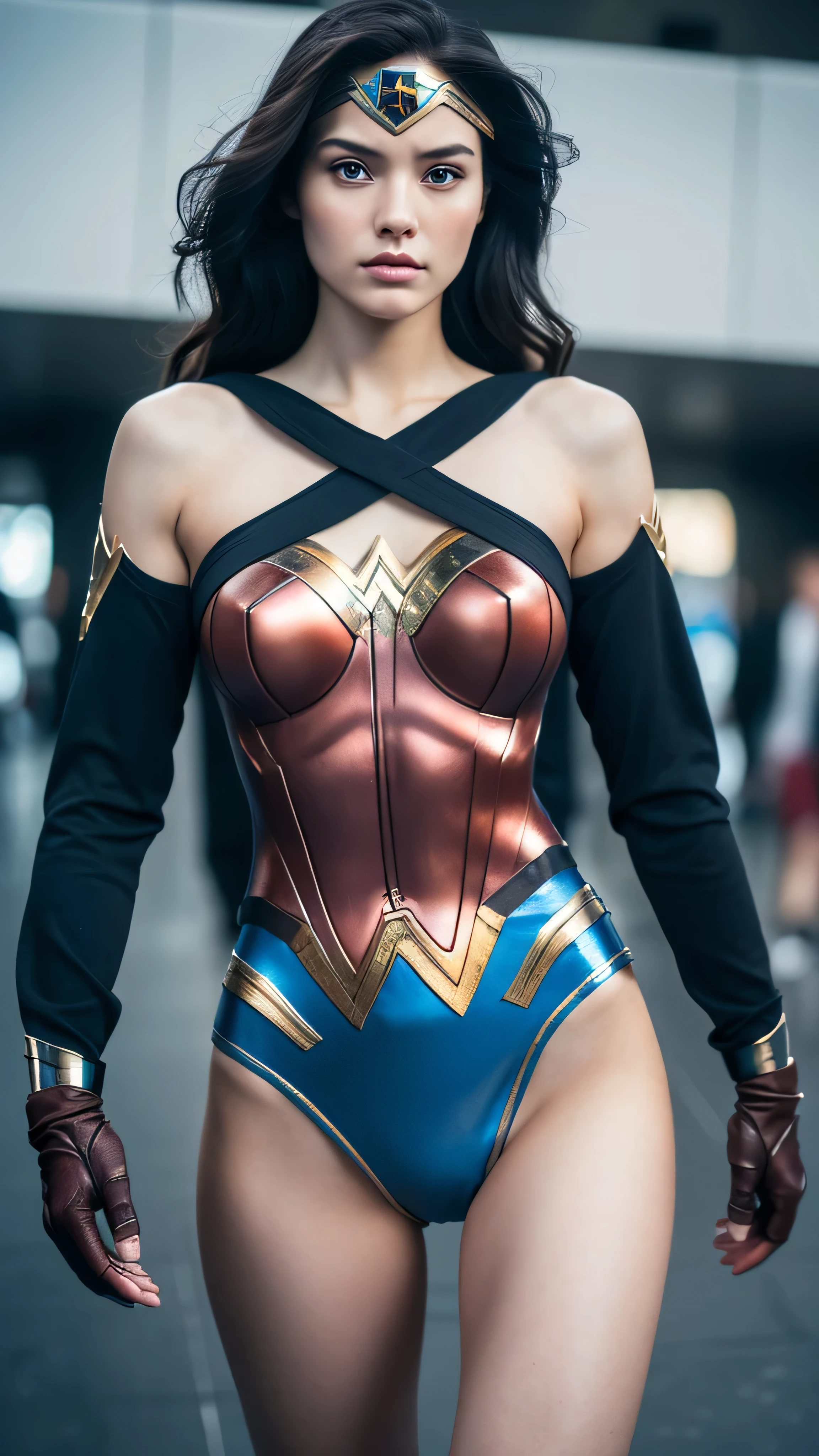 ((masterpiece, 8K, 3D, Realistic, Super Detail)), (1girl:1.3), slender 17 age, Ultra Micro photography, Super realistic, Perfect face, Beautiful features, ((Perfect female body)) Beautiful features, ( body), ((small hips)), Lisa as Wonder woman suit ((Exposed thigh)), Exposed Skin, Front Full body Shot, full body portrait, futuristic city background