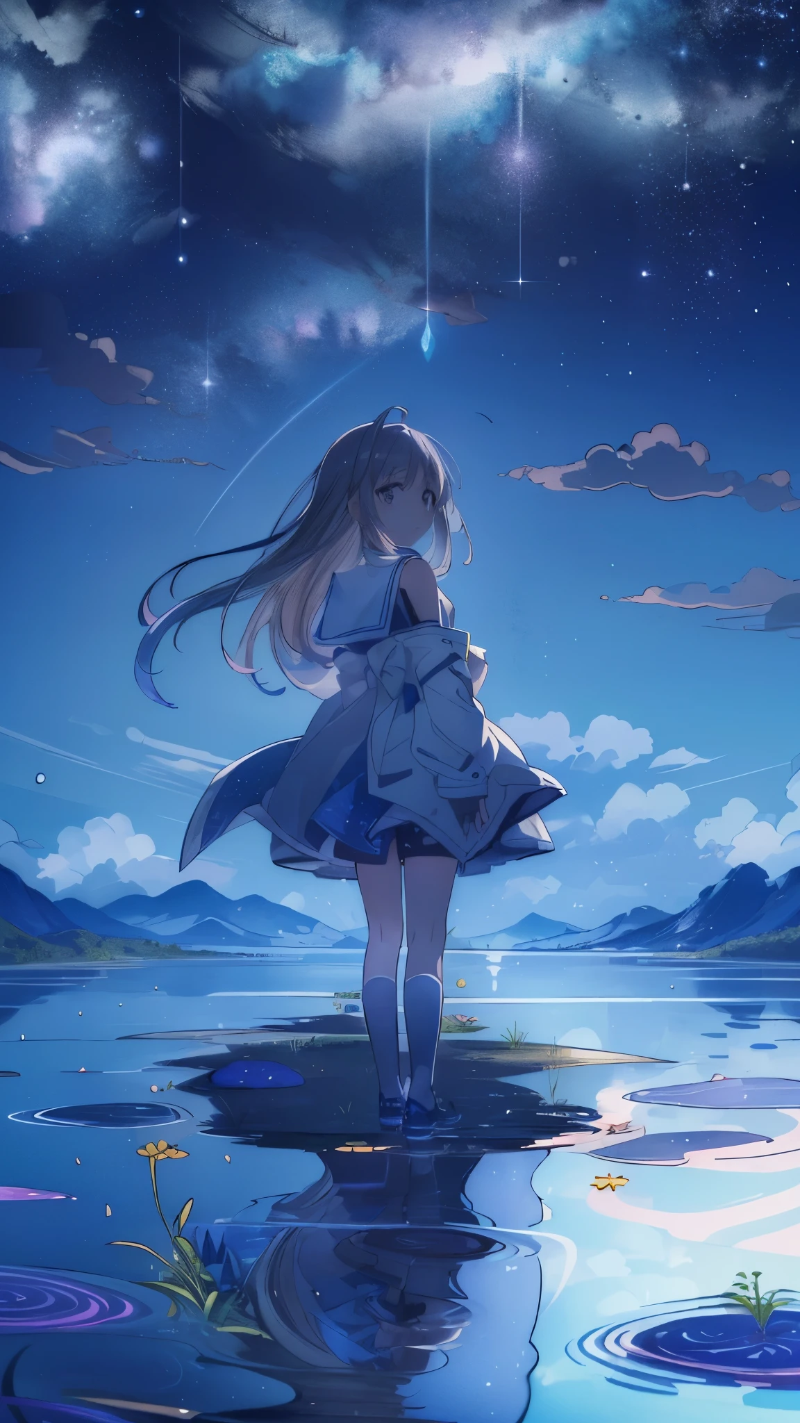 absurd, High resolution, (anime style:1.1), ((table top)), ((highest quality)), (Super detailed), (beautiful), alone, beautiful face、9. blue reflection：A woman looking at a beautiful night view on the shore of a quiet blue pond，Her reflection is、Blend in with the nature around her。The surface of the water ripples gently，Creates a sense of tranquility and clarity。12 years old、(Completely naked:1.1)、shooting star、背中を向ける、(可愛い熊の耳)、(ゴールデンハニードワーフグラミー:1.8)