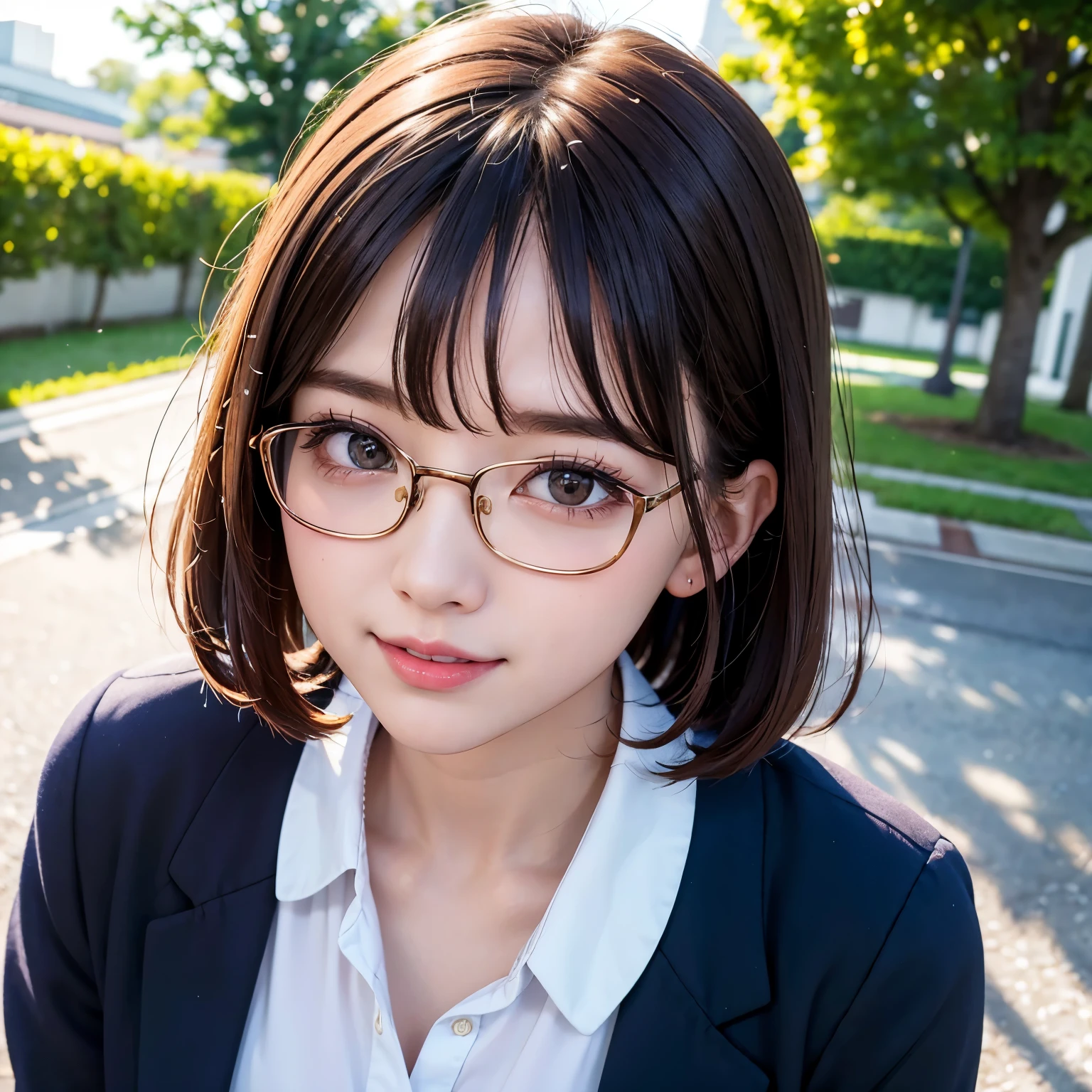 (highest quality、table top、8K、best image quality、Award-winning work)、1 personの可愛い女子高生、1 person、alone、16 years old、close up of face、glossy lipstick、Shiny ultra-high detail lips、 alone、The most realistic、Super detailed depiction、detailed face、close up of face、Shiny ultra-high definition skin、white high school uniform shirt made of polyester、The most natural real high school uniform、beginner girl、look at me、Premonition of romantic love、Moist and sparkling eyes、uniform ribbon on chest、straight short hair、Beautiful smooth berry short hair、The most detailed super high detail short hair、Classy glasses、The background is refreshing colors and the scenery of youth..、Background outside school、look at me恥ずかしい微笑み、cute smile