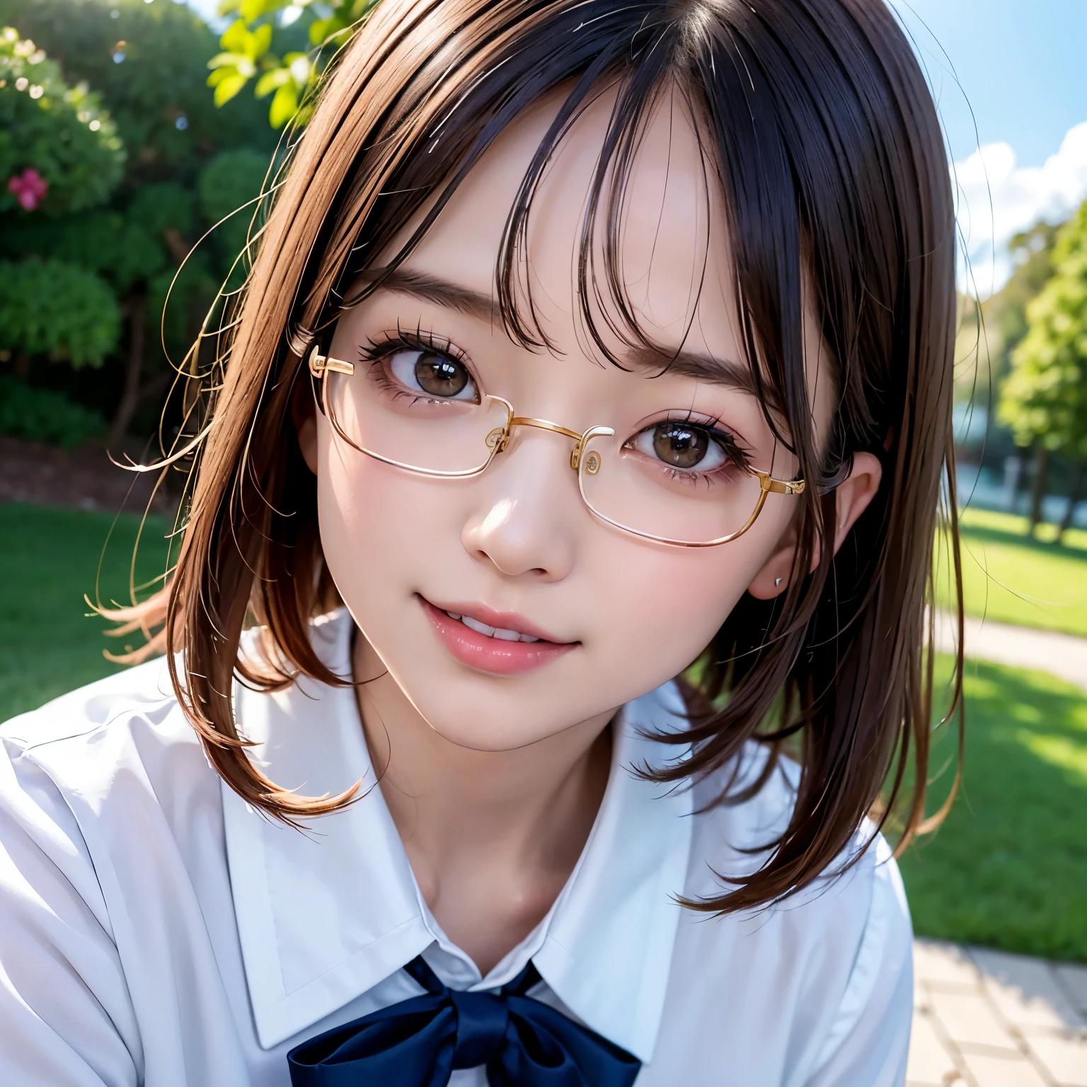 (highest quality、table top、8K、best image quality、Award-winning work)、1 personの可愛い女子高生、1 person、alone、、close up of face、glossy lipstick、Shiny ultra-high detail lips、 alone、The most realistic、Super detailed depiction、detailed face、close up of face、Shiny ultra-high definition skin、white high school uniform shirt made of polyester、The most natural real high school uniform、beginner girl、look at me、Premonition of romantic love、Moist and sparkling eyes、uniform ribbon on chest、straight short hair、Beautiful smooth berry short hair、The most detailed super high detail short hair、Classy glasses、The background is refreshing colors and the scenery of youth..、Background outside school、look at me恥ずかしい微笑み、cute smile