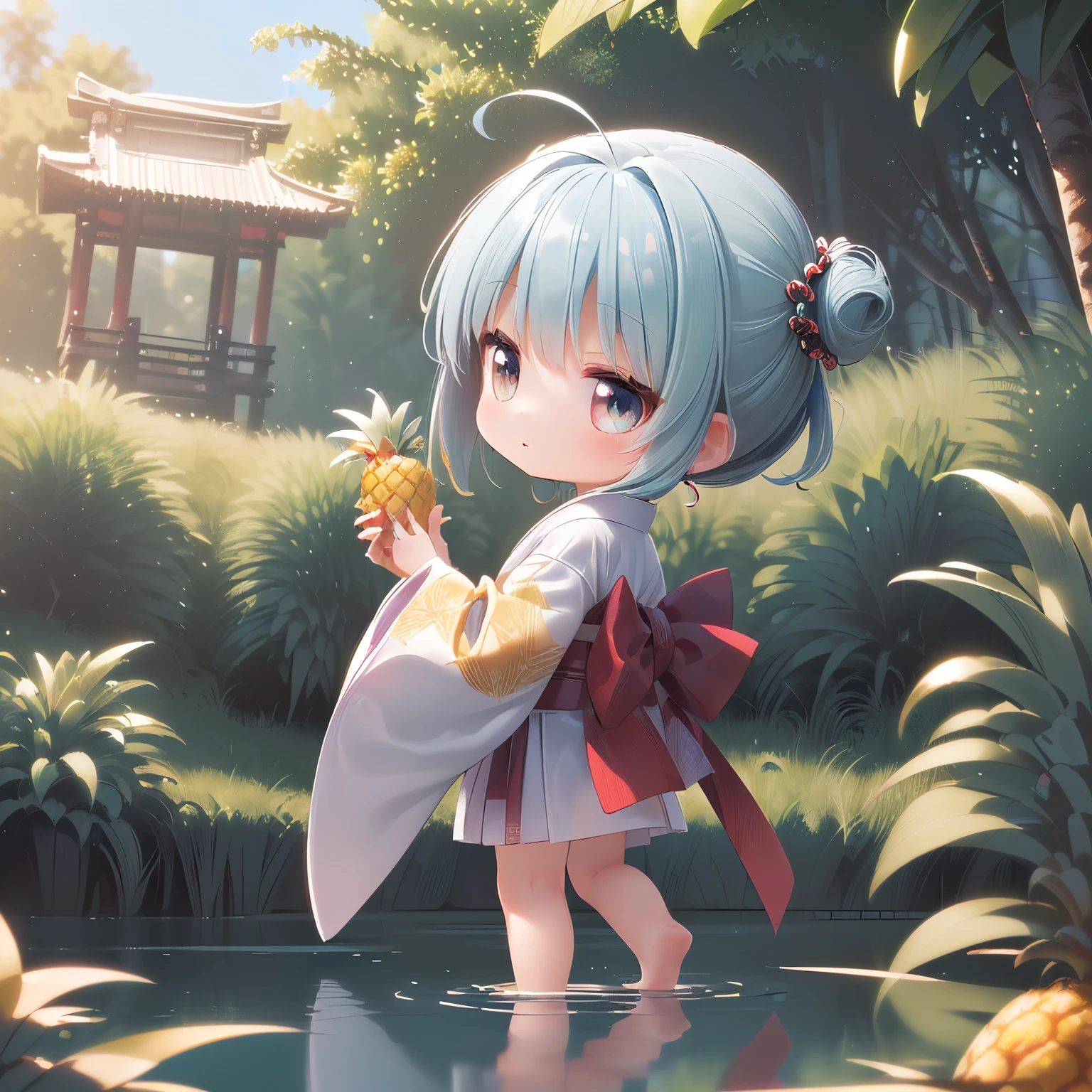 (Chibi, pineapple, 3DCG, Japanese clothes,1 girl: 1.5), (masterpiece, almond-shaped eyes, glossy white-blue hair, short chignon hair, Top quality, carefully drawn fingertips, beautiful anatomy: 1.4), (half body: 1.3), (red cheeks, indifferent, expressionless, hair blowing in the wind: 1.2), (Chibi decides to go on a journey in search of the legendary chocolate fountain deep in the forest. She takes the pineapple and begins exploring the forest. Along the way, she uncovers the secrets of chocolate while encountering mysterious creatures and magical forces. :1.4),(Rural life,side view,Exorcism,an offering,reflection of light on the lake,shrine maiden, the purple sun:1.4)