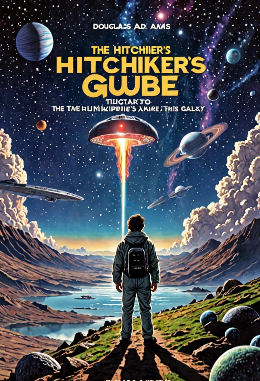 The Hitchhiker's Guide to the Galaxy, by Douglas Adams, best quality, masterpiece, Ultra high detail, 8k
