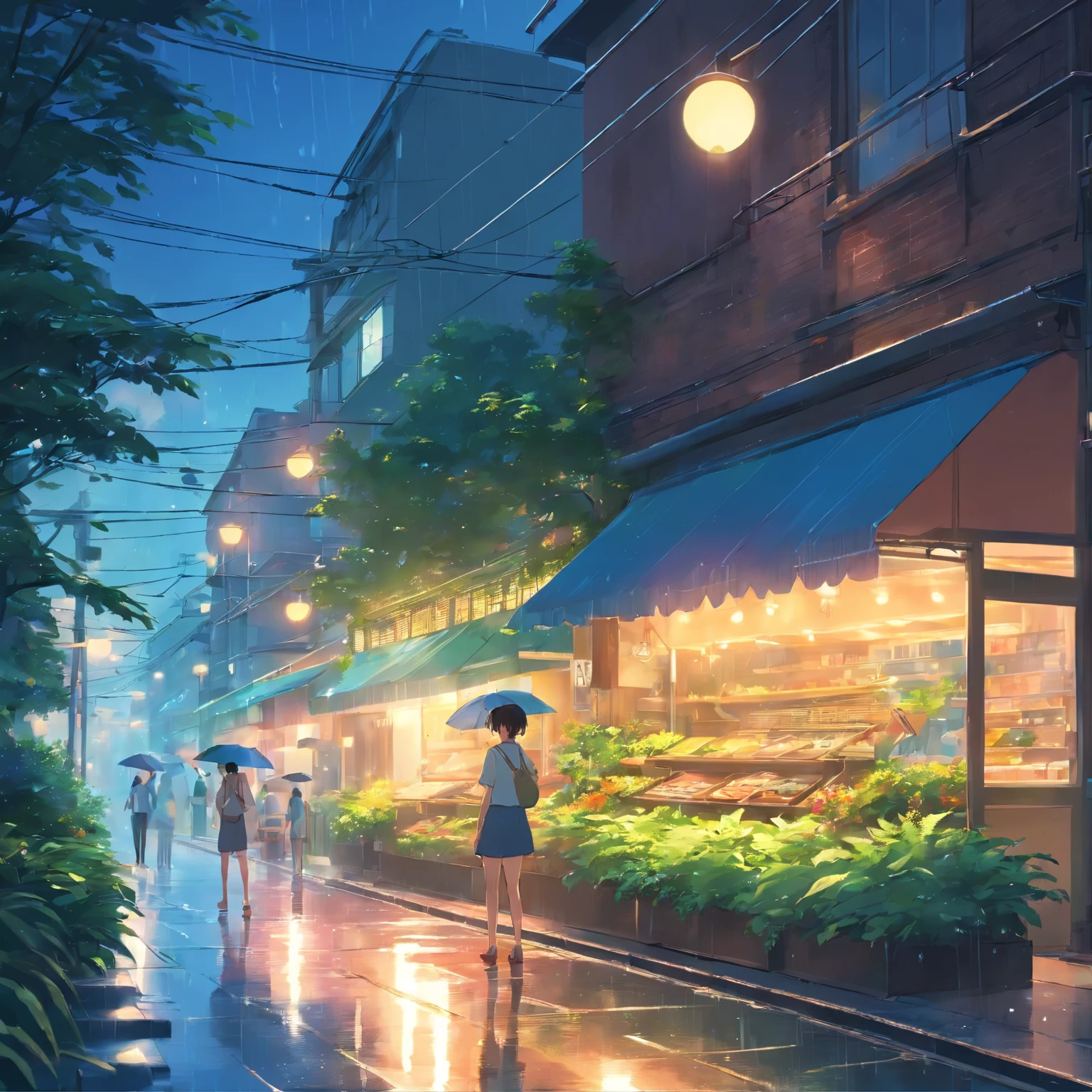cool, illustrations, high resolution (4k), realistic lighting, vivid colors, plants, natural light, relaxing vibes, wet nature, light rain, street, greenery, summer, outdoors, evening, after rain, nature
