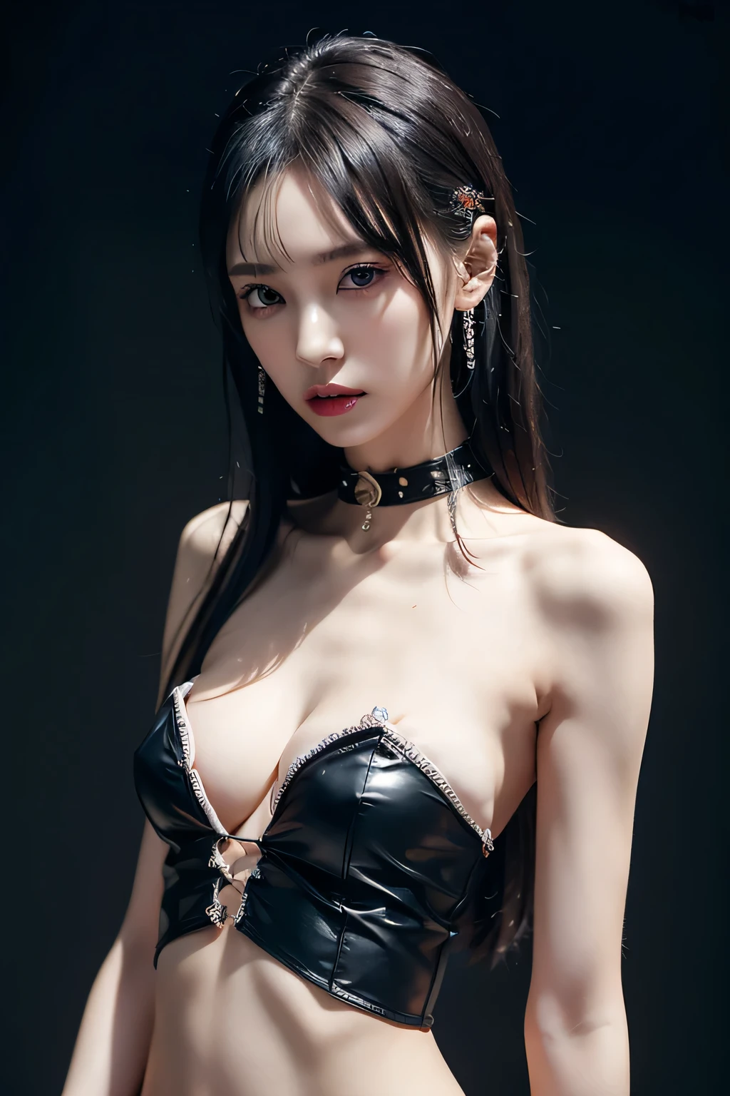 8k、High resolution、punk fashion、beautiful girl、slender body、young、colorful costumes、white skin、piercing on face,narrow eyes