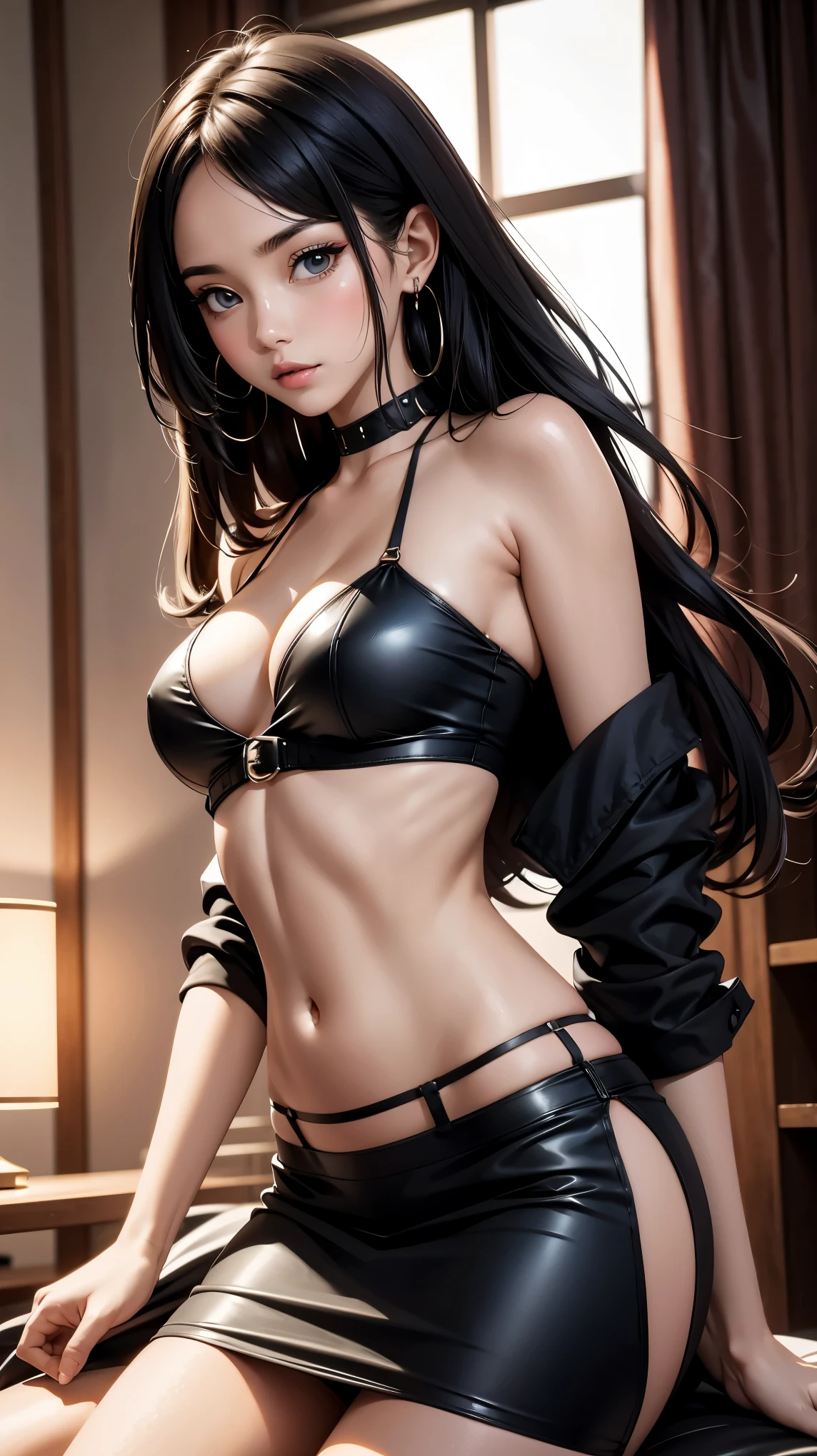 1woman, black tube top, skirts, black hair, parted lips, sexy, long hair,