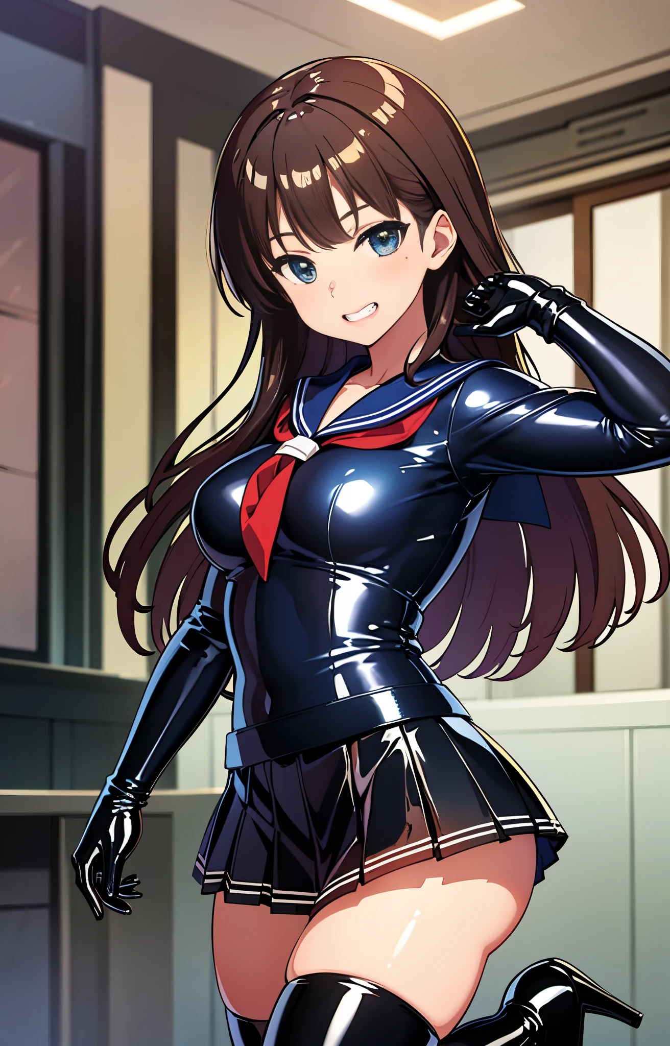 official art, Highly detailed CG Unity 8K wallpaper, highest quality, masterpiece, High resolution,shiny latex thigh-high boots, Brown straight long hair, brown belt, leather shoulder bag、latex gloves, (shiny latex sailor suit:1.6)、(Latex School Uniform)、(shiny latex pleated skirt:1.6)、 Leather texture, full body photo, melon face, small face, (big breasts)、(grinning grin)、(latex high heels)、tread on、kicking