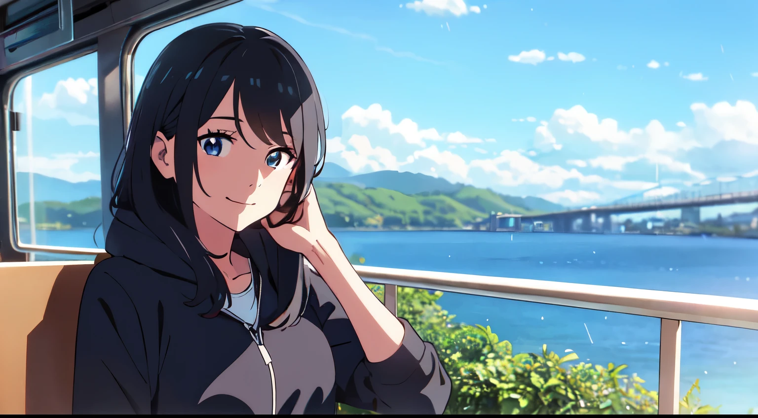 masterpiece, best quality, 1girl, mature woman, solo, long blue hair, gray eyes, wear navy hoodie, medium breast, blue sky, clouds, rain, sit on bus halte, close up, calm smile, look at viewer