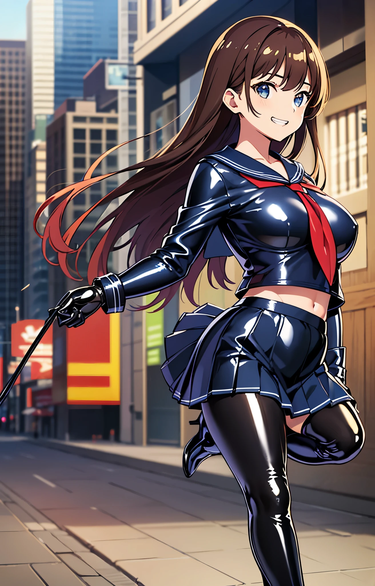 official art, Highly detailed CG Unity 8K wallpaper, highest quality, masterpiece, High resolution,shiny latex thigh-high boots, Brown straight long hair, brown belt,  leather shoulder bag、latex gloves,  (shiny latex sailor suit:1.6)、（Latex School Uniform)、(shiny latex pleated skirt:1.6)、 Leather texture, full body photo, melon face, small face, （big breasts）、（grinning grin）、（latex high heels）、tread on、kicking