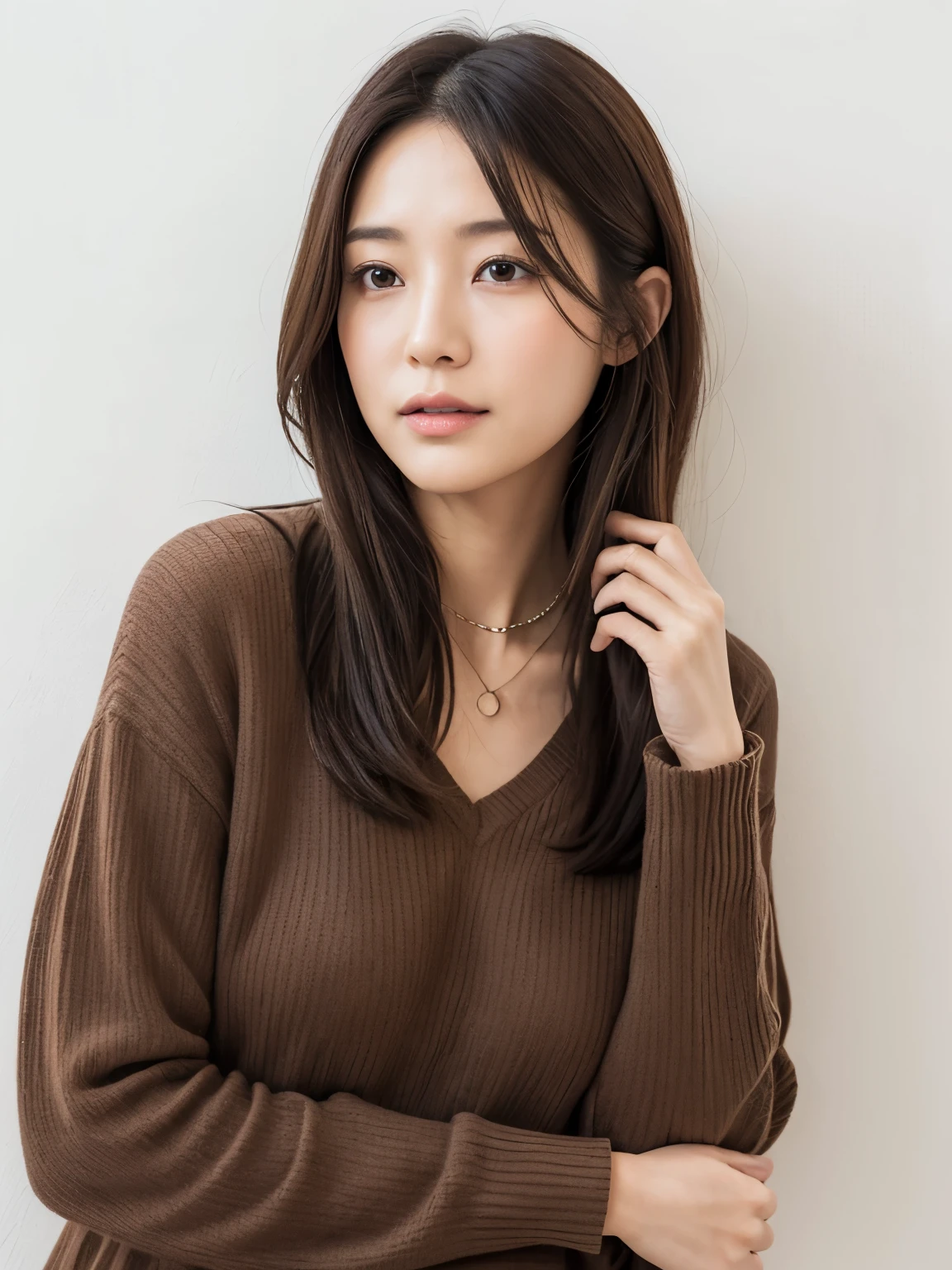 (Highly realistic photos, High resolution, detailed face, fine eyes), ((Taken in front of a white wall))、japanese woman, 40 years old, Variety of facial expressions, alone:1, slim figure, different hairstyles, casual clothes, Only one person appears in the photo、long sleeve dress、Shot in natural light、simple necklace、Spring clothes、Don't look at the camera、profile、Dark brown hair color、bob hair、hands are down