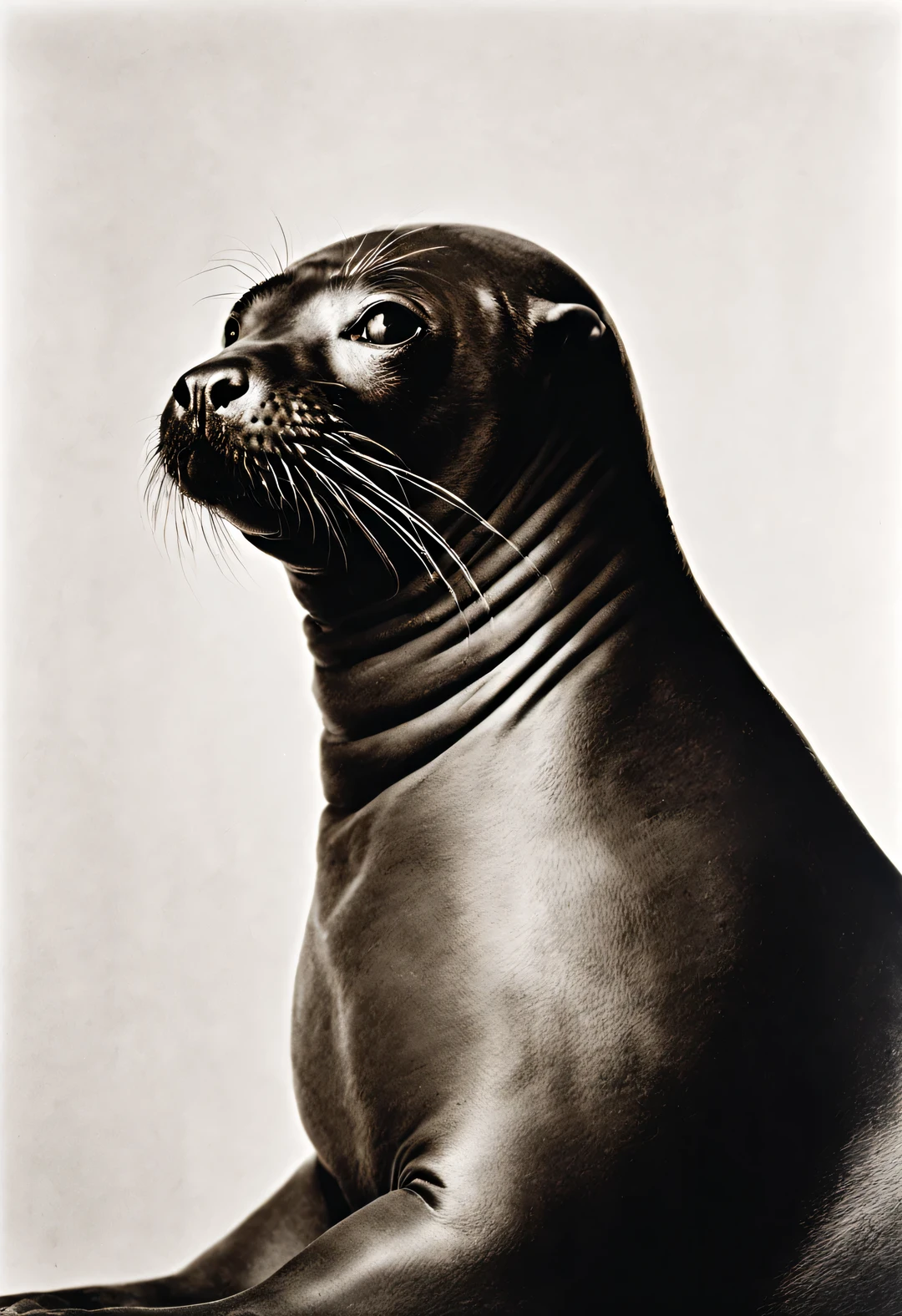 Portrait of Henry Samuel Singer the Seal, Photography by Irving Penn, close up, sad, pain, fatigue, naked minimalism, black and white, magnificent, Elasticity, Award-winning photography,
