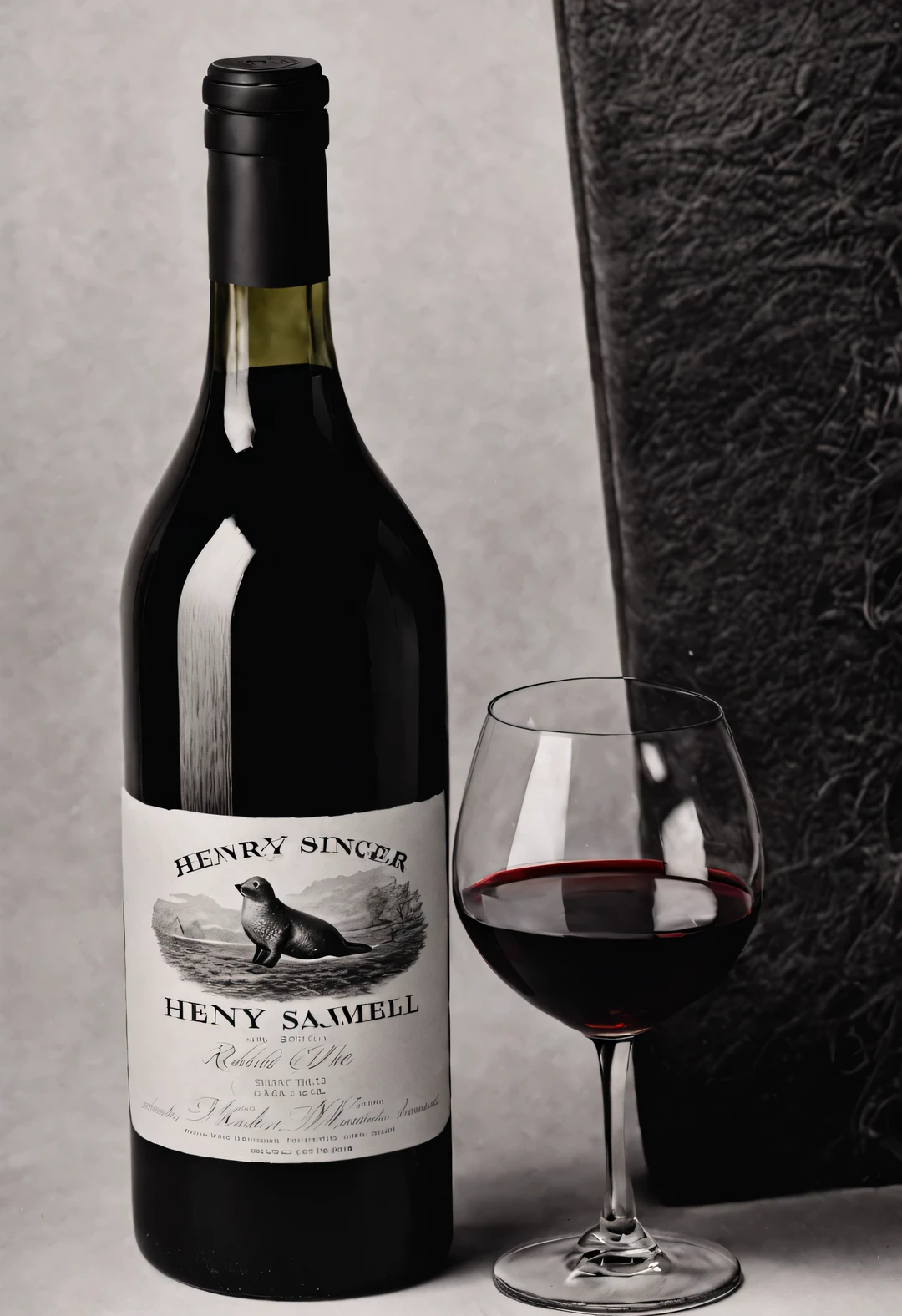 seal henry samuel singer closeup,black and white,A bottle of red wine and a red wine glass