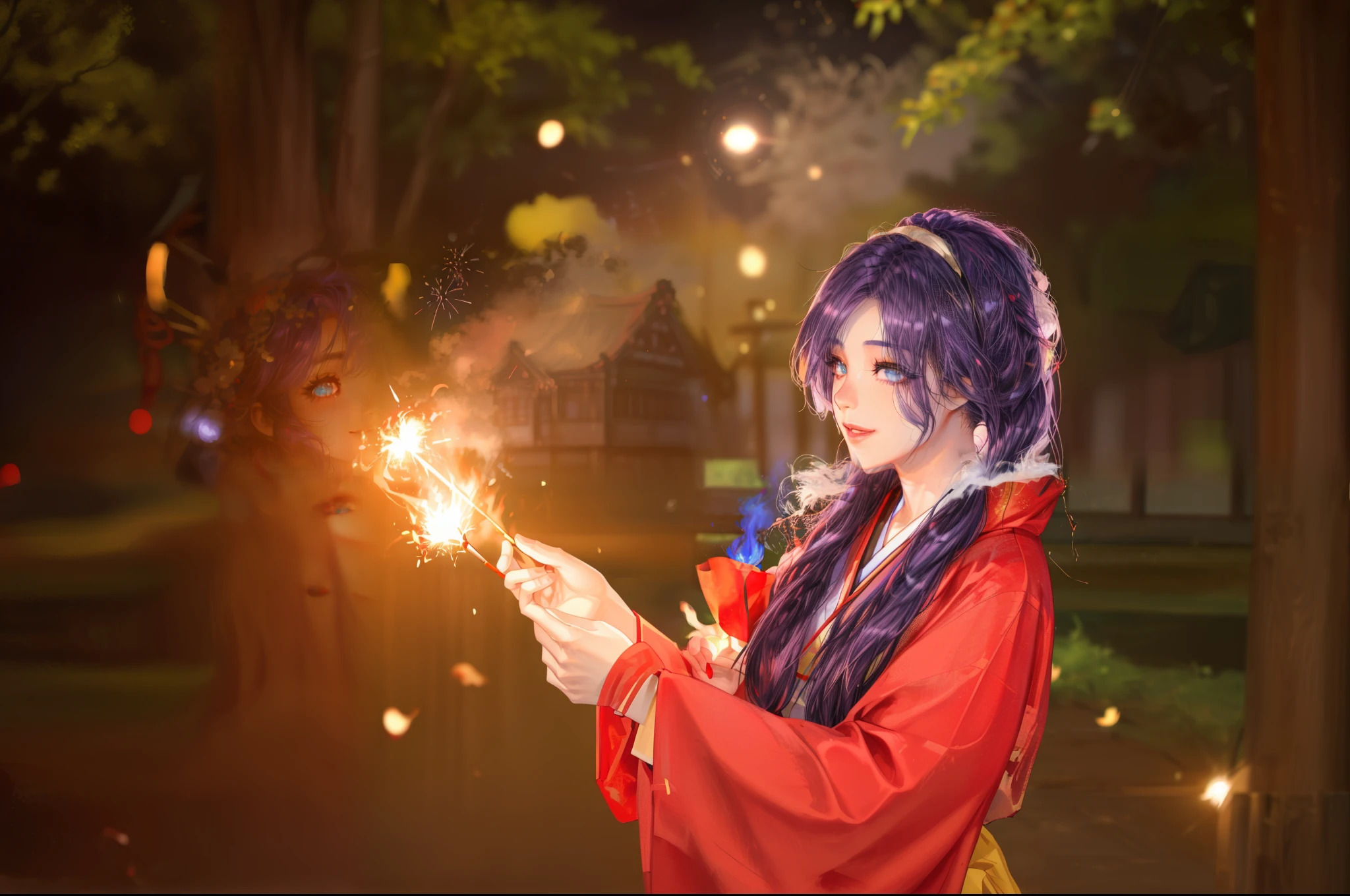 ((Asian girl)), her standing in the park:1.2, there is a woman in a red kimono holding a sparkler, kitsune holding torch, anime girl cosplay, anime cosplay, casting fire spell, fox nobushi, cosplay photo, fire mage, firework, female mage conjuring a spell, fireworks, cosplay, the sorceress casting a fireball, casting a fire spell, fire spell, professional cosplay, 4K, realistic texture, photorealistic:1.6, photo raw:1.66, high-quality, ultra quality:2, super realistic, ((real hair:1.633)), ((perfect face)), ((perfect beautyful eyes)), ((perfect lip)), ((mini smile)), REAL SKIN:2, (purple hair:1.163)