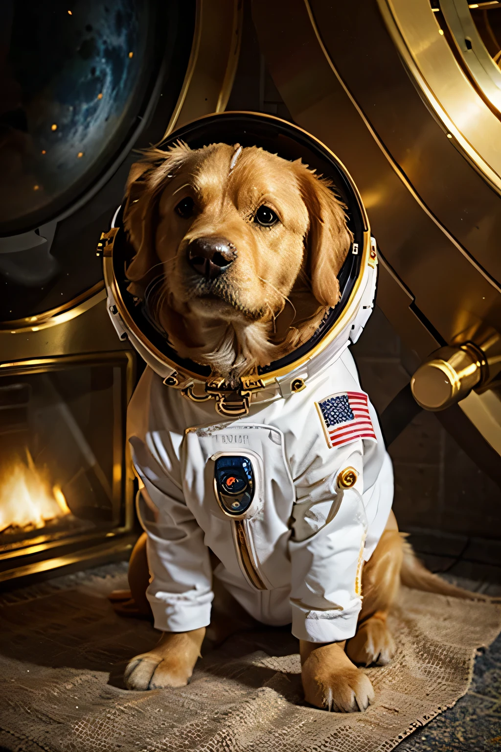 Cute golden retriever wearing a spacesuit
