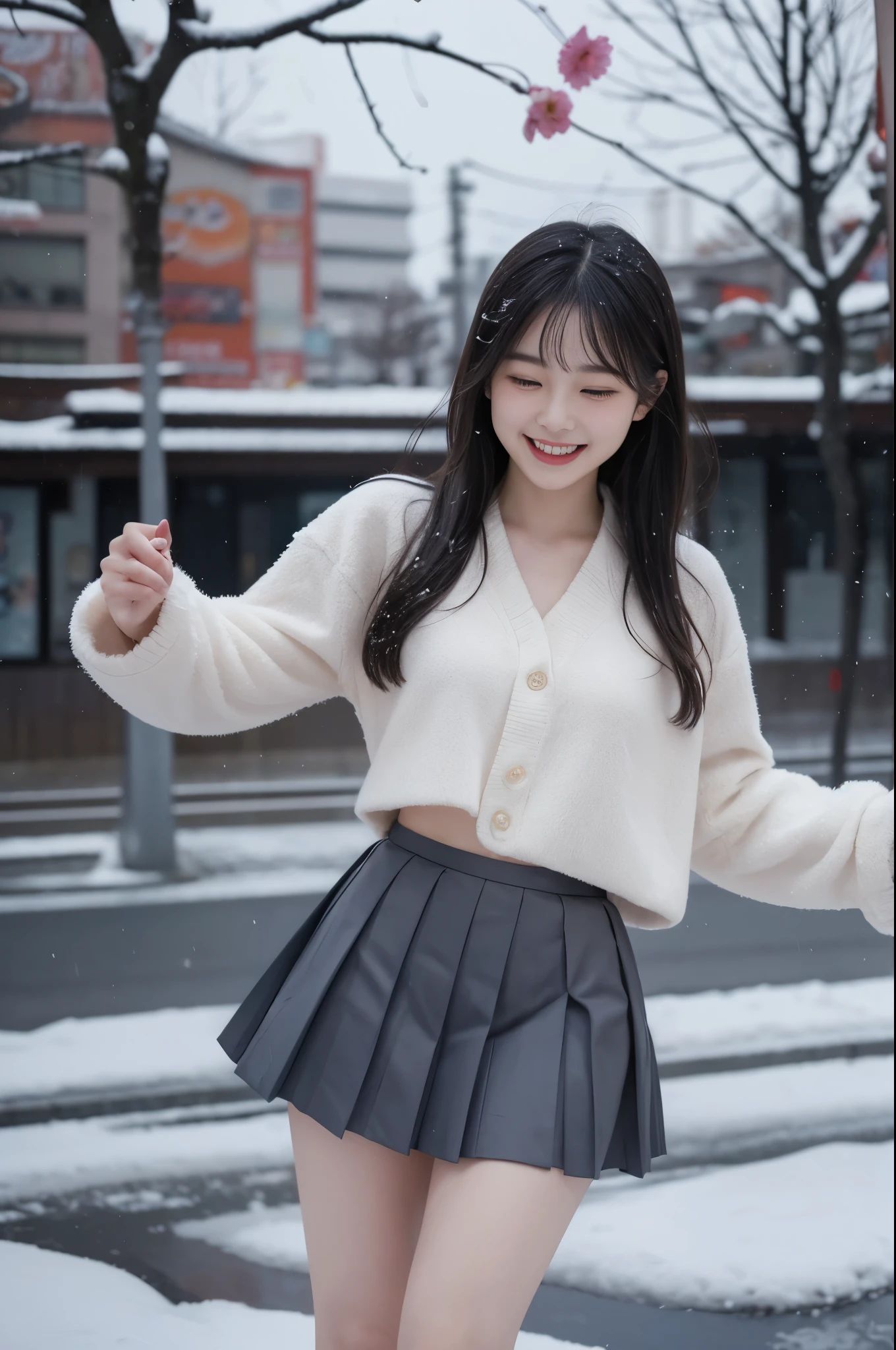 masterpiece,true shadow,girl,Cute and simple,Laugh heartily,motion blur,Snapshot,action,first snow,tokyo prefecture,Very short pleated skirt,JK,Extremely perfect figure,Elastic skin,wind,petals falling,romantic