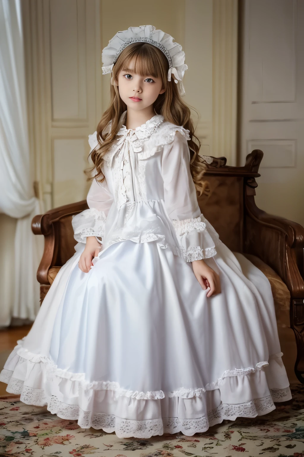 ,highest quality, masterpiece, highest resolution, artwork, super それにget used to it, many get used to it, get used to it, それにget used to it, 3K realistic photos,,(( girl)),Super detailed baby face,hty small face,children photography,
Beautiful girl illustration,detailed beautiful face detailed hair,detailed human eye ,detailed mouth, arm details,detailed hands,
european,(((super long blonde hair))),Rolled hair,blue eyes,pajamas,night wear,((((white nightgown)))),((フリルとリボンが沢山付いたwhite nightgown)),((1920 style nightgowns)),victorian nightcap,((Nightcap with frills and ribbon)),victorian nightgowns,Yoke collar with ruffles and ribbons,Long sleeves with ruffles,A long skirt that completely covers your legs,((The whole body is reflected)),white ruffle and lace socks,Pillow with large frills and ribbons wearing slippers with frills and ribbons,detailed costume,Detailed pillow,