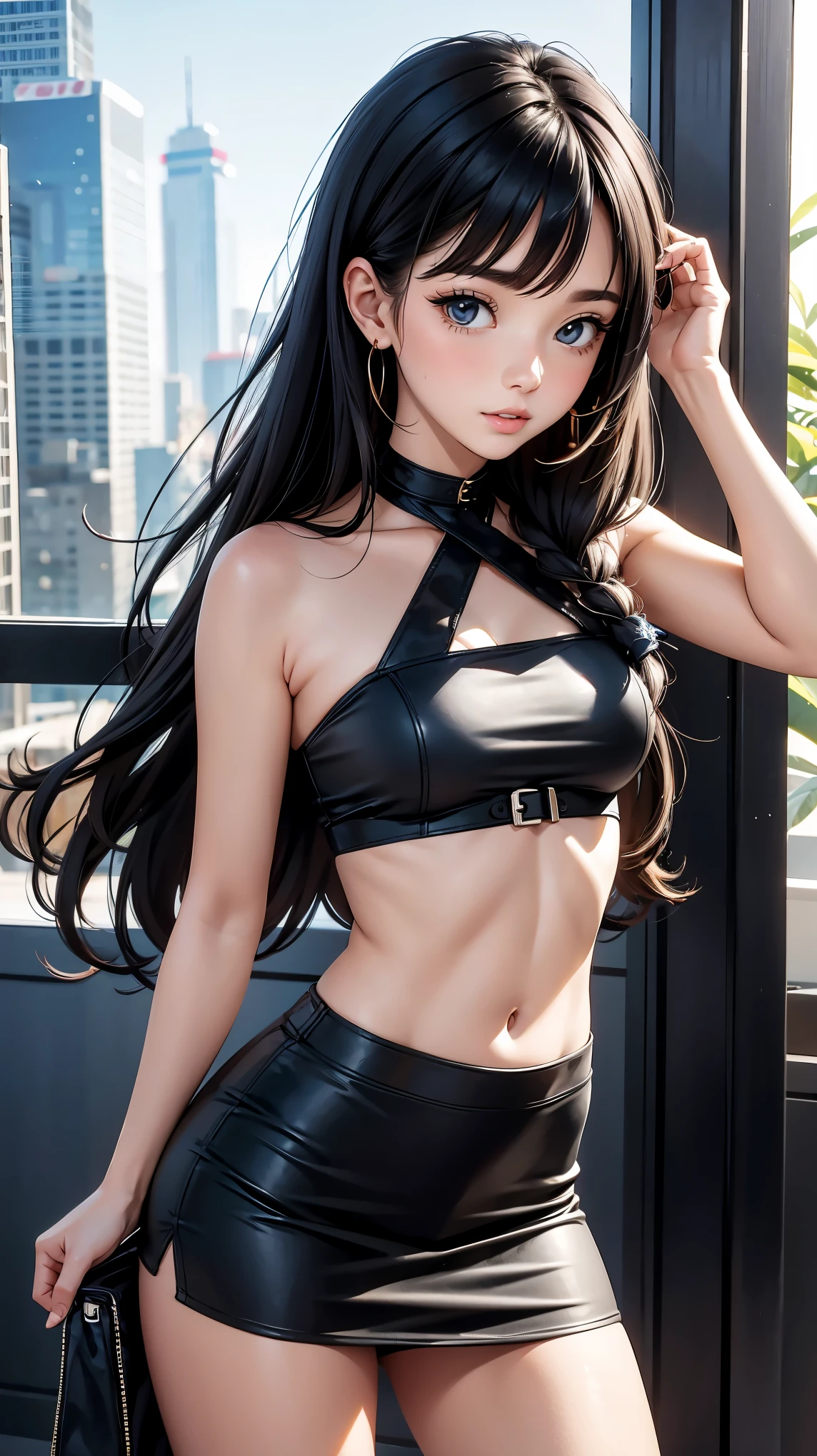 1woman, black tube top, skirts, black hair, parted lips, sexy, long hair,