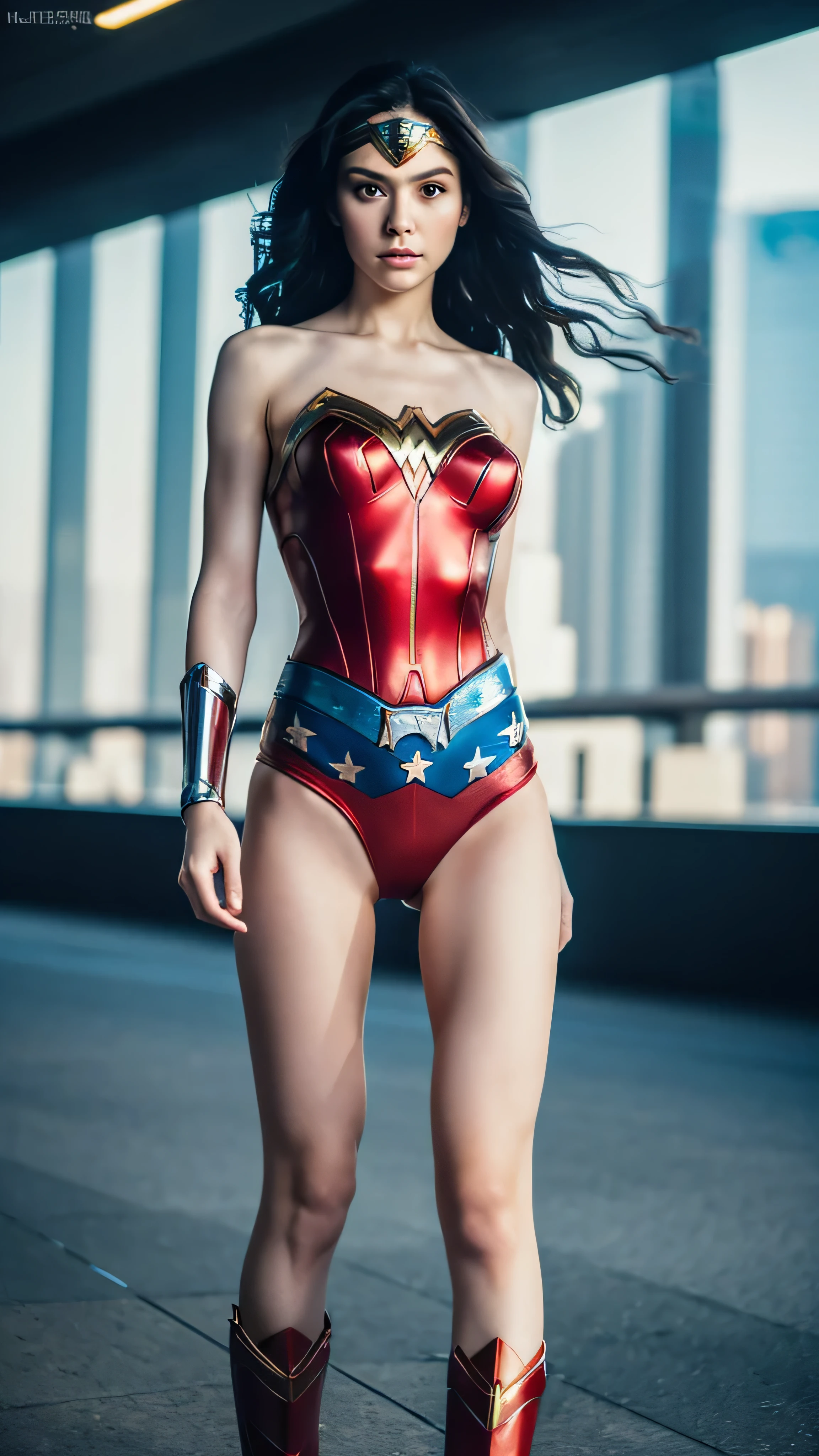 ((masterpiece, 8K, 3D, Realistic, Super Detail)), (1girl:1.3), slender , Ultra Micro photography, Super realistic, Perfect face, Beautiful features, ((Perfect female body)) Beautiful features, ( body), ((small hips)), Lisa as Wonder woman suit ((Exposed thigh)), Exposed Skin, Front Full body Shot, full body portrait, futuristic city background
