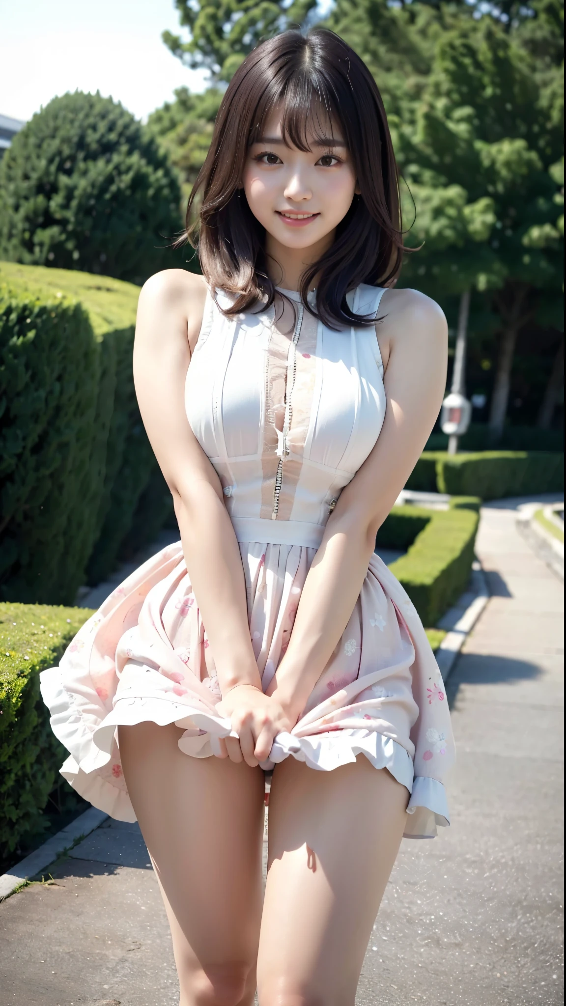 (highest quality, 8K, 32K, masterpiece, UHD:1.2),Photos of cute Japanese women,(sad smile,blush:1.1),looking at the viewer,(beautiful detailed dress skirt:1.2),fine legs,(spread your legs:0.9),(lace panties:0.9),(wind lift:1.6), whole body,the wind is strong,city,outdoor