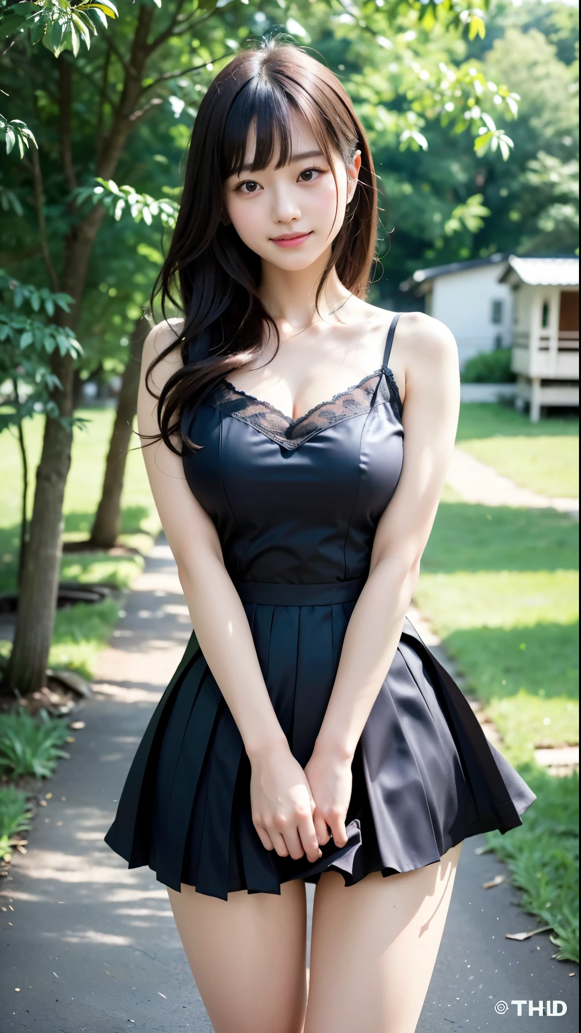 (highest quality, 8K, 32K, masterpiece, UHD:1.2),Photos of cute Japanese women,(sad smile,blush:1.1),looking at the viewer,(beautiful detailed dress skirt:1.2),fine legs,(spread your legs:0.9),(lace panties:0.9),(wind lift:1.6), whole body,the wind is strong,city,outdoor