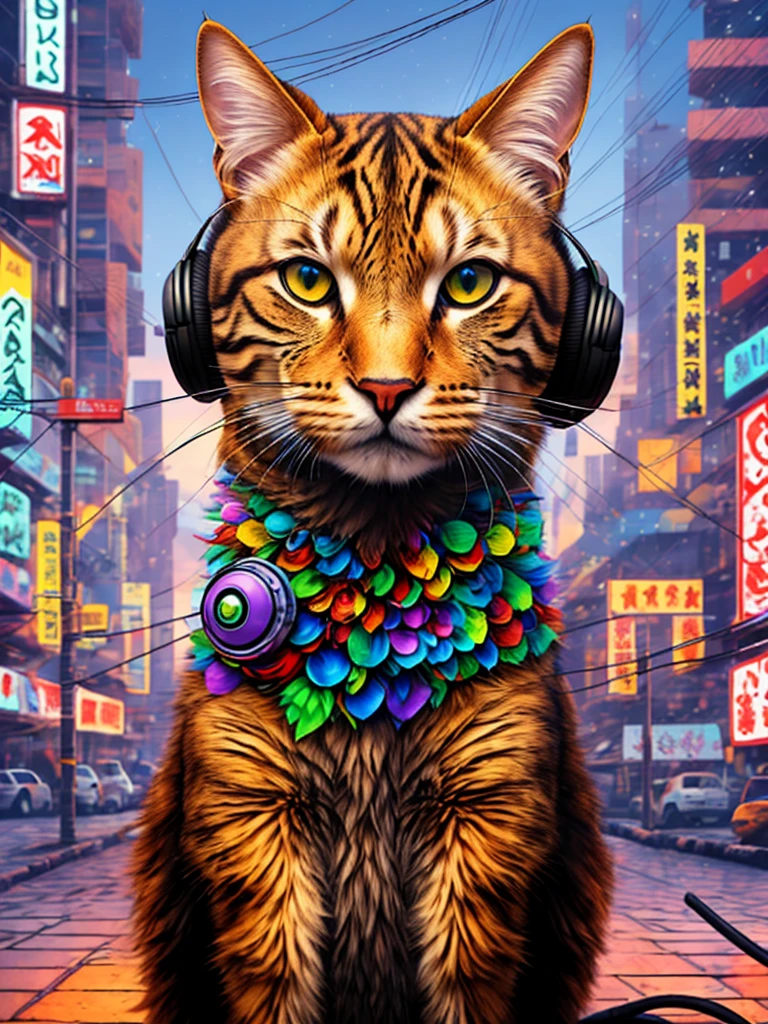 An anthropomorphic cat with headphones and a jacket is sitting in the middle of a road, Cyberpunk and post-Soviet modernism-themed style. Close view, neon lights., Pop art, Pixar, Three-sided view, UHD, anatomicamente correto, pele texturizada, super detalhe, alta qualidade, 4K