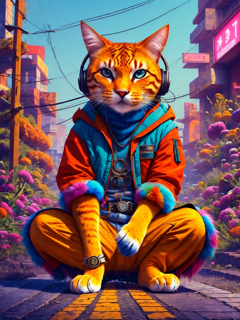 An anthropomorphic cat with headphones and a jacket is sitting in the middle of a road, Cyberpunk and post-Soviet modernism-themed style. Close view, neon lights., Pop art, Pixar, Three-sided view, UHD, anatomicamente correto, pele texturizada, super detalhe, alta qualidade, 4K