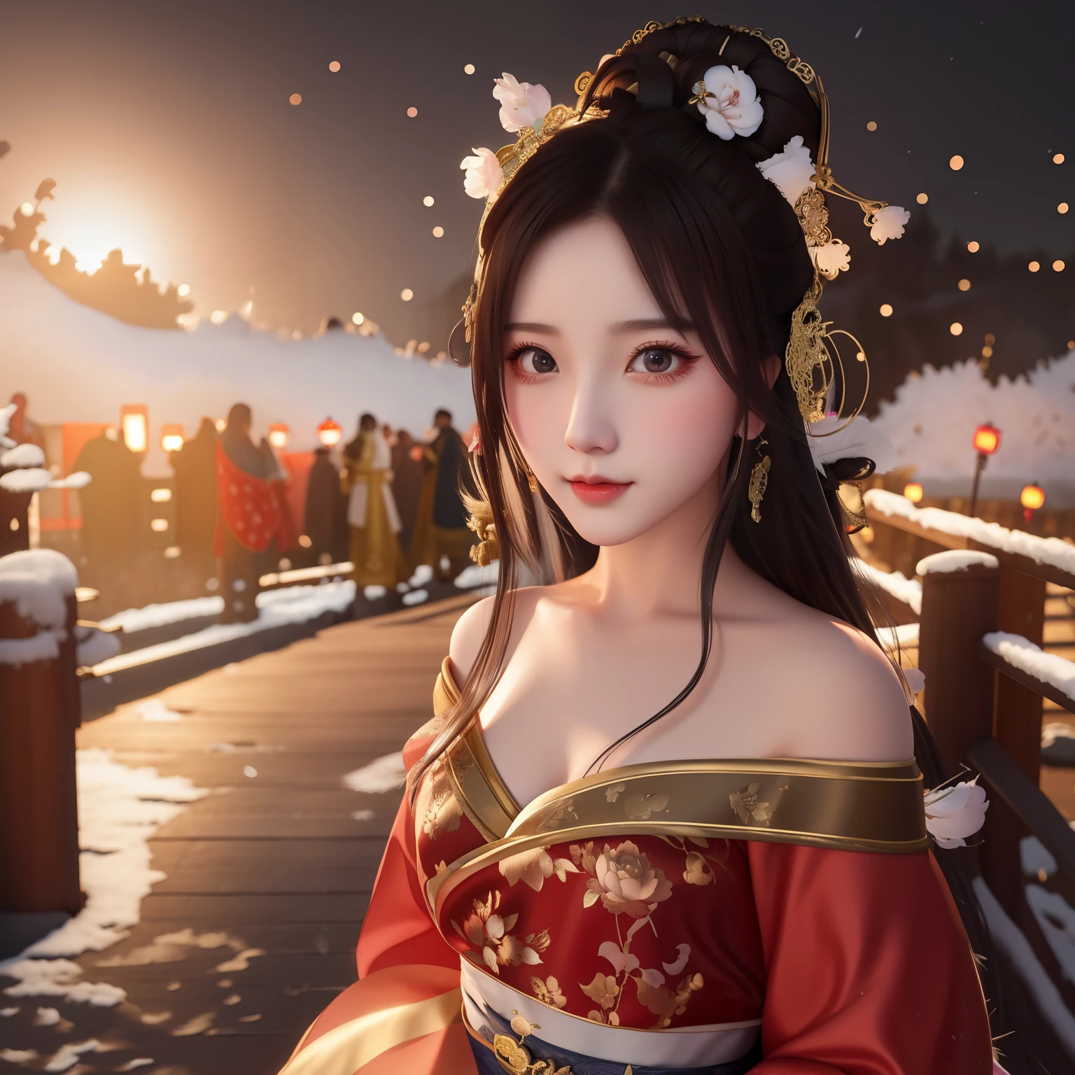 There is a woman in a skirt standing in the snow, hanfu, palace , A girl wearing low-cut Hanfu, chinese princess, Red Hanfu, Chinese girl, beautiful fantasy queen, Chinese style, ancient chinese princess, Chinese fantasy, Popular topics on cgstation, Beautiful digital artwork, 8k)), chinese woman, ((beautiful fantasy queen)), China costume,bare shoulders