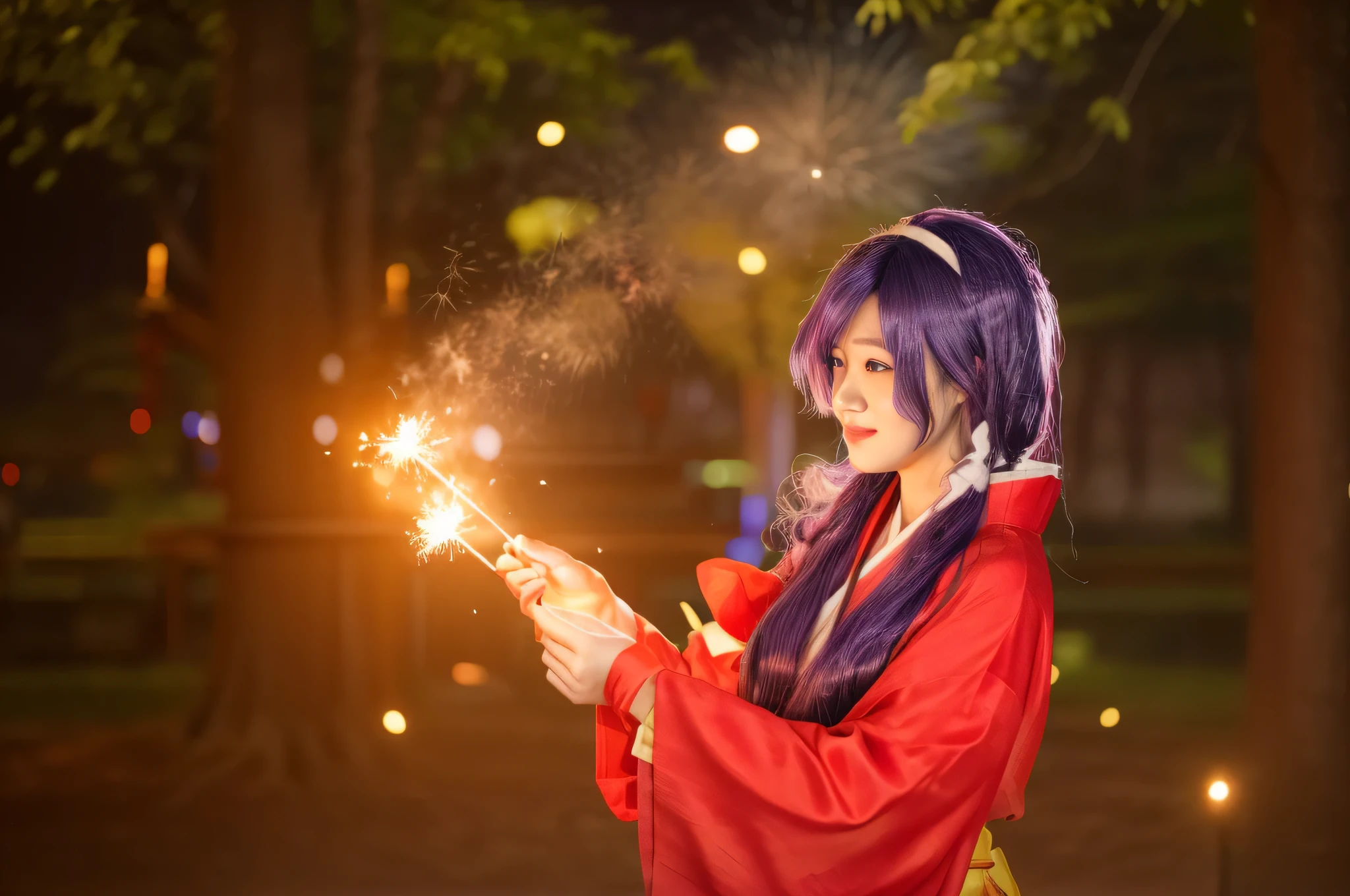 ((Asian girl)), her standing in the park:1.2, there is a woman in a red kimono holding a sparkler, kitsune holding torch, anime girl cosplay, anime cosplay, casting fire spell, fox nobushi, cosplay photo, fire mage, firework, female mage conjuring a spell, fireworks, cosplay, the sorceress casting a fireball, casting a fire spell, fire spell, professional cosplay, 4K, realistic texture, photorealistic:1.6, photo raw:1.66, high-quality, ultra quality:2, super realistic, ((real hair:1.633)), ((perfect face)), ((perfect beautyful eyes)), ((perfect lip)), ((mini smile)), REAL SKIN:2, (purple hair:1.163)
