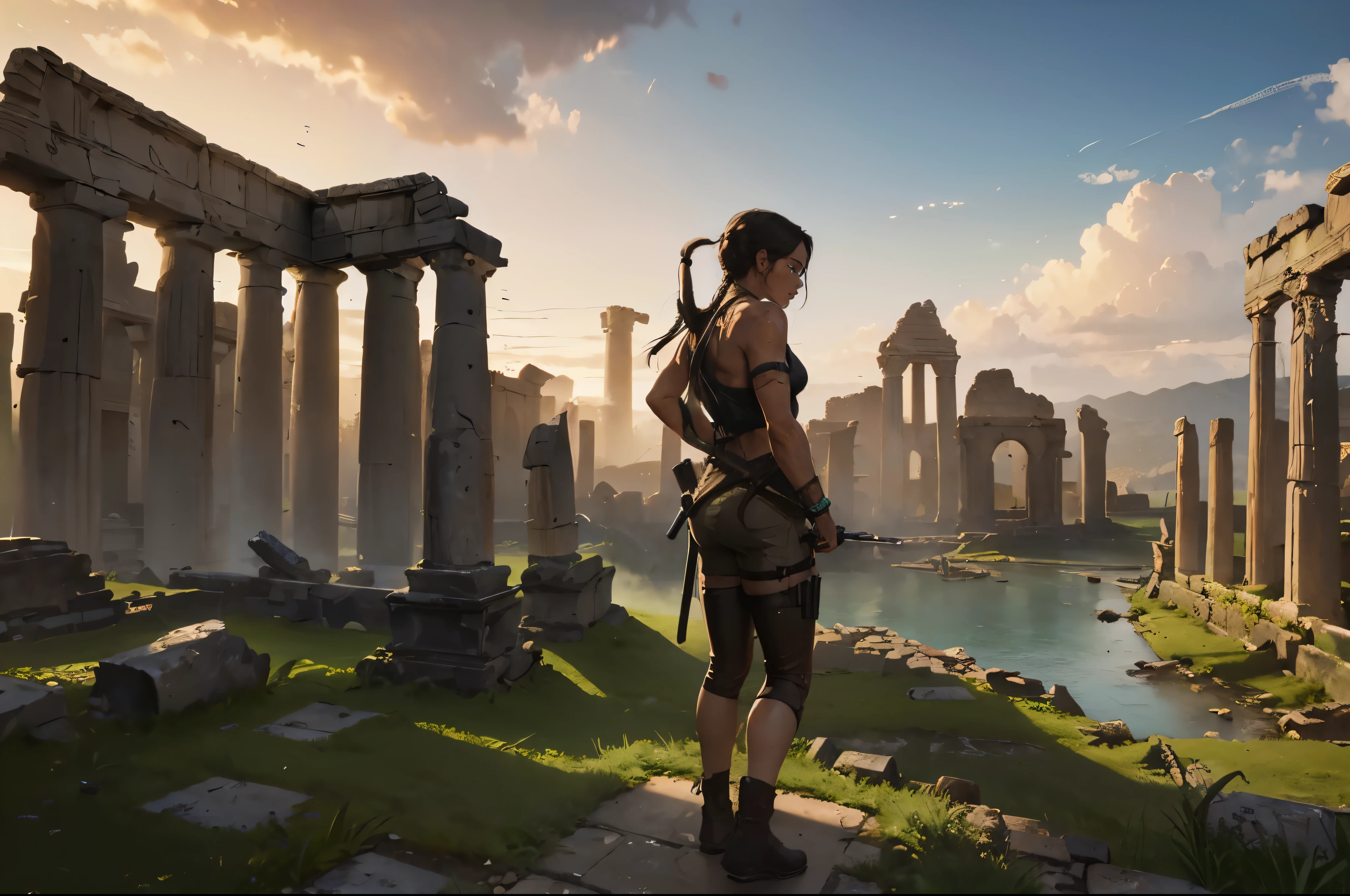(((Landscape of the ruins of ancient civilizations))), Standing in the distance was a beautiful young explorer girl., ((Wear the Tomb Raider outfit.))