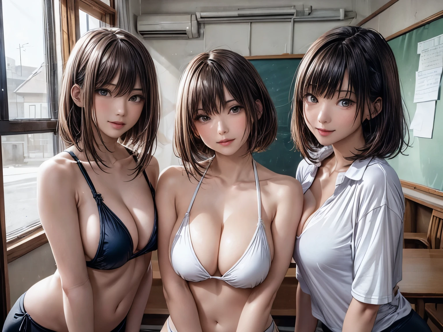 ((masterpiece)), ((highest quality)), (super detailed), ((very detailed)), 4K, (8K), highest quality, (beautiful), figure, anime style, monochrome, grayscale, genuineistic, genuine, dynamic angle, Upper body, heavy outline, clear outline, whole body concentration, In the classroom, (three girls, 3 cute girls), swimsuit, beautiful light brown hair, beautiful brown eyes, ((beautiful eyes)), short hair, big breasts, light smile, shiny, shine