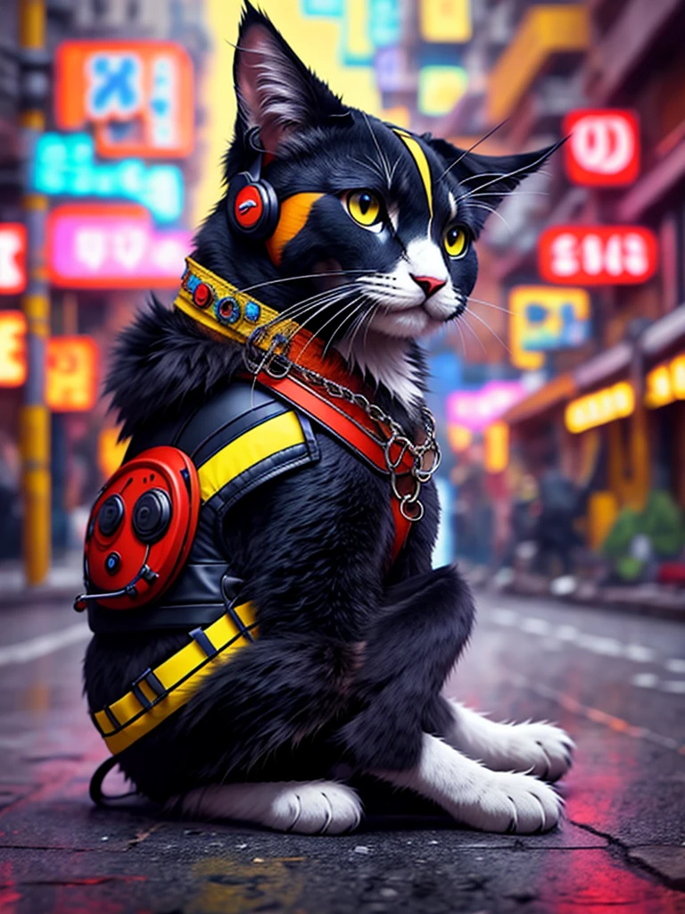 An anthropomorphic black cat with headphones and a jacket is sitting in the middle of a road, Cyberpunk and post-Soviet modernism-themed style. Close view, neon lights., Pop art, Pixar, Three-sided view, UHD, anatomicamente correto, pele texturizada, super detalhe, alta qualidade, 4K