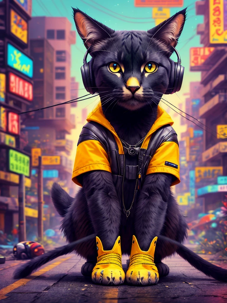 An anthropomorphic black cat with headphones and a jacket is sitting in the middle of a road, Cyberpunk and post-Soviet modernism-themed style. Close view, neon lights., Pop art, Pixar, Three-sided view, UHD, anatomicamente correto, pele texturizada, super detalhe, alta qualidade, 4K