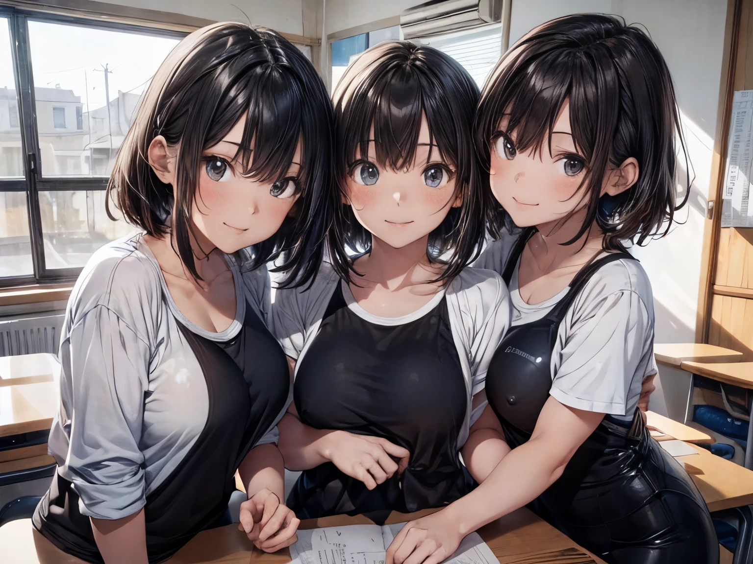 ((masterpiece)), ((highest quality)), (super detailed), ((very detailed)), 4K, (8K), highest quality, (beautiful), figure, anime style, monochrome, grayscale, genuineistic, genuine, dynamic angle, Upper body, heavy outline, clear outline, whole body concentration, In the classroom, (three girls, 3 cute girls), swimsuit, beautiful light brown hair, beautiful brown eyes, ((beautiful eyes)), short hair, big breasts, light smile, shiny, shine