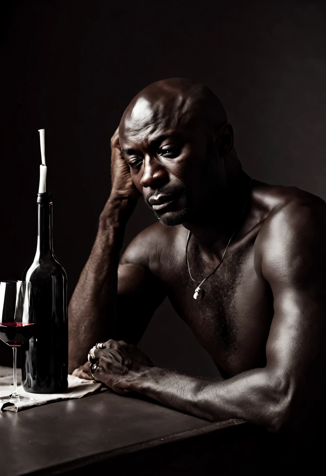 Portrait of British male singer Hale Henry Samuel，above neck，
background：There is a half bottle of red wine and a glass on the table in the lower right corner of the picture，
Irving PennPhotography，close up，sad，pain，fatigue，nude minimalism，black and white，Gorgeous，toughness，Award-winning photography，